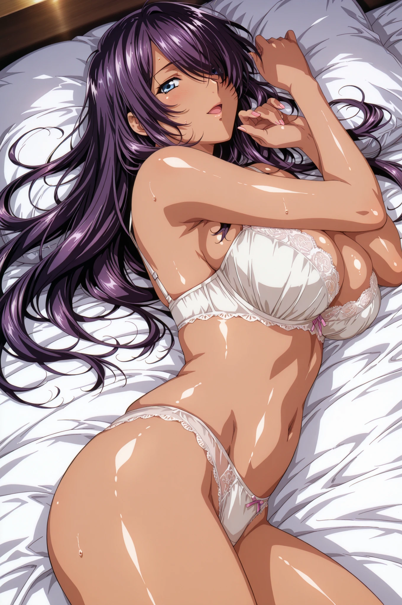 score_9, score_8_ up the side, score_7_ up the side, score_6_ up the side, score_5_ up the side, score_4_ up the side,,Anime coloring, source anime,((solo)),NSFW,from side,on back,cowboy shot, amazing masterpiece, top quality, high fashion, absurdres extremely, HDR, intricate details, vivid colors, flawless smooth skin, curvy beauty, very cute face, very cute girl, half open mouth,kanu, 1girl, blue eyes, dark skin, dark-skinned female,mature female,24 year old,,light smile, , long hair, , purple hair,,sleeveless,, ,left hair over one eye,,(attractive :1.2),pure white lace bra,pure white lace panties,large breasts,(slender:1.4),,(spread leg:0.6),,looking at viewer,