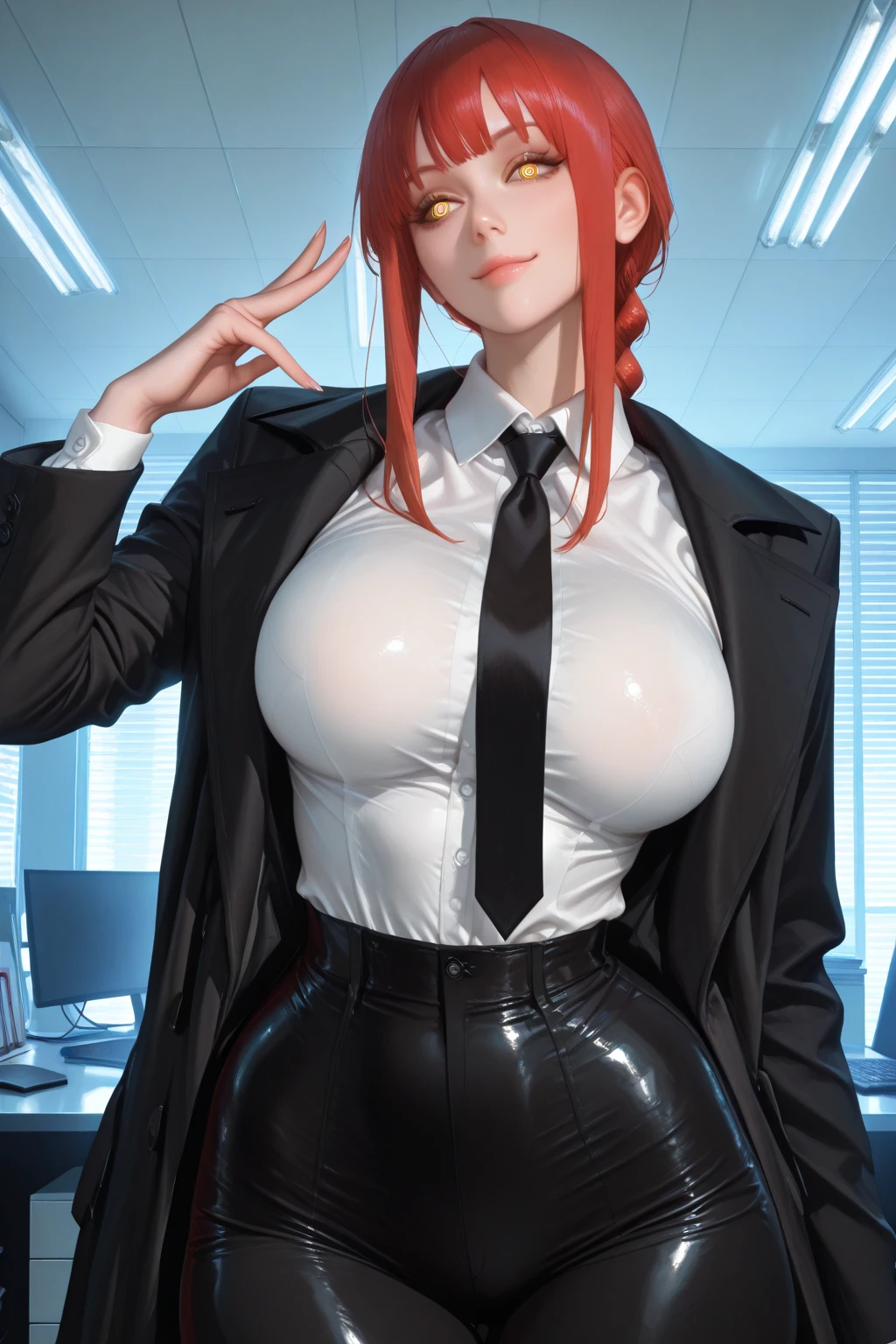 Makima (chainsaw_man), solo, chainsaw_man, 1girl, red_hair, medium_hair, ((ringed_eyes)), yellow_eyes, braided_ponytail [suit], white shirt, black tie, office background, indoors, formal, medium_breasts, (official art), fantasy, masterpiece, best quality, (highres), absurdres, beautiful face, beautiful body, symmetrical face, gorgeous, deep eyes, realistic shaded, stunning, intricate, hyper-detailed, highly detailed, sharp, smooth, sharp focus, realistic, anime, manga
Standing, ((best quality)),((highly detailed)),((perfect )), masterpiece,scenery,intricately detailed, hyperdetailed, blurry background, depth of field, best quality, intricate details, tonemapping, sharp focus, hyper detailed, high 1res, ((at midnight)),((in old office )),makima (chainsaw man),gold pupil ,ponytail, collared shirt,large breast, black pants,from below, looking viewer
