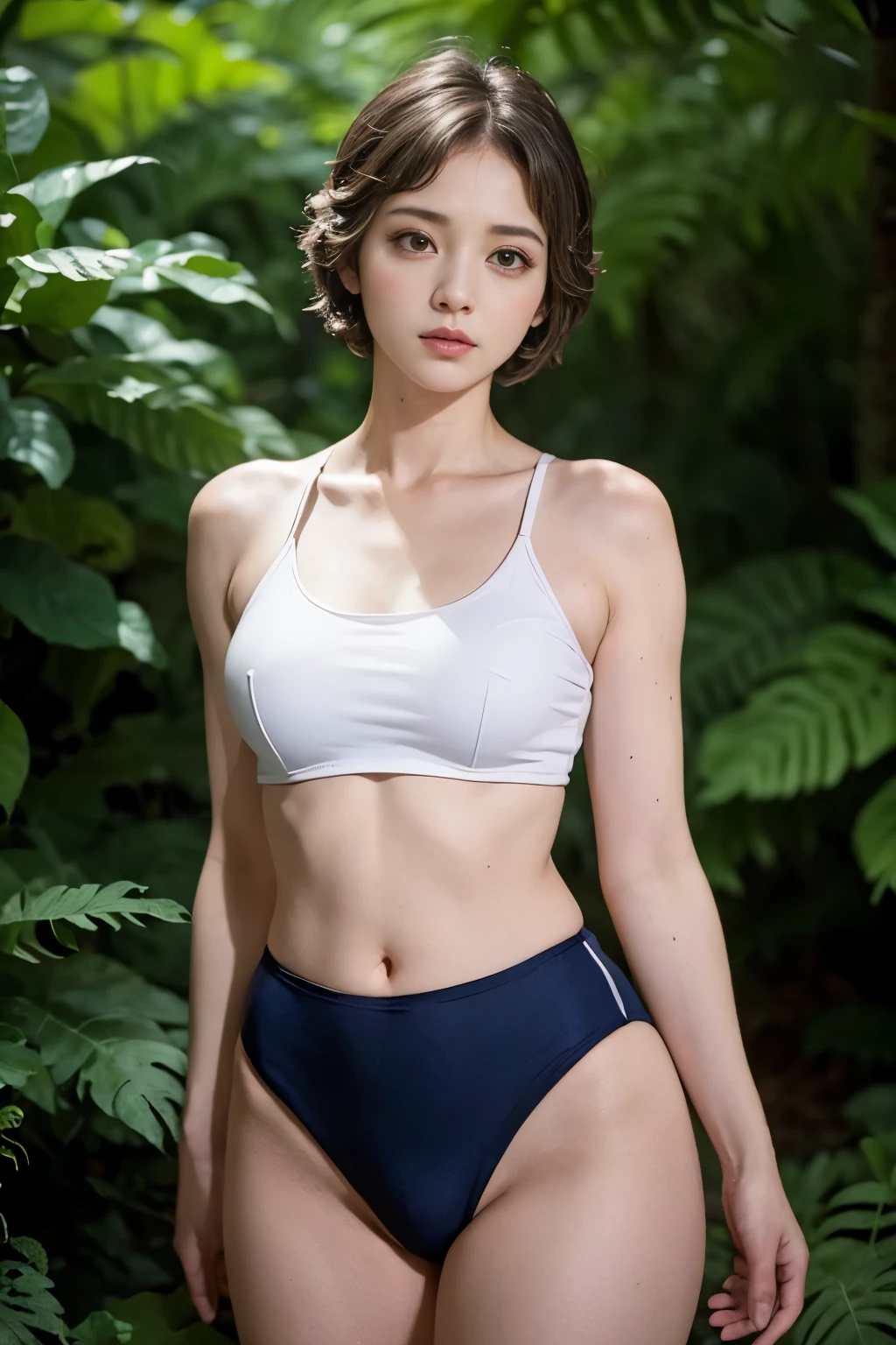 (masterpiece, highest quality), 1 girl, beautiful face, beautiful body, wearing a Black gymnastics bloomers, High leg、white blouse, cowboy shot、Are standing、full body portrait、alone, complex details, enlarged textures, complex details, finely detailed eyes and detailed face, intricate details, (closed mouth), perfect eyes, equal eyes, perfect body, extremely detailed, (), extremely realistic 3d,In a dark forest、