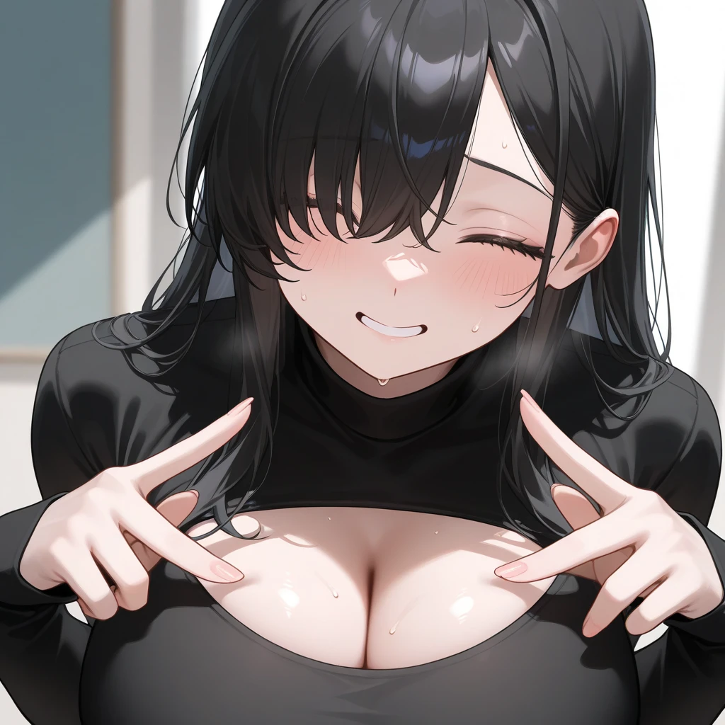 1 girl, dark bluehair,big breast,masterpiece,best quality,very aesthetic,absurdres,looking at viewer,front view,adult,out,Young,double v,Smile,closed eyes,happy,arm,open mouth, tightshirt