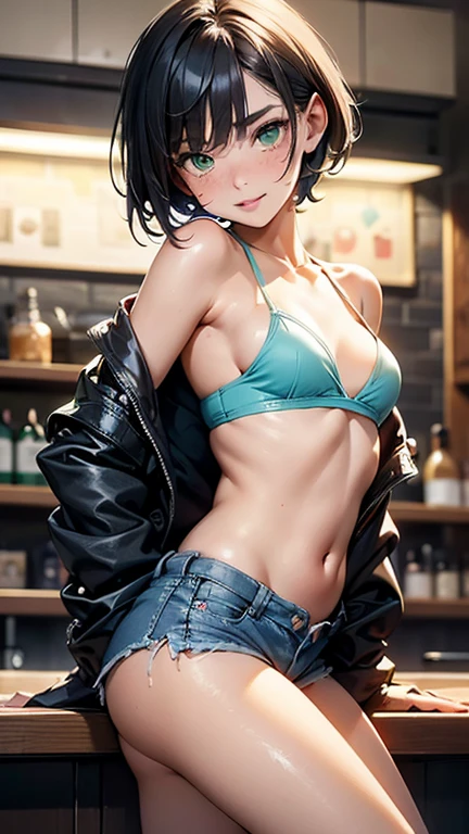 1girl, 1 person, solo female, short dark brown hair, chin length hair. Her face is angular with high cheekbones, a straight nose, and full lips. She has green eyes that are often smudged with black eyeliner, giving her a slightly edgy look. Her skin pale and dotted with a few freckles across her nose and cheeks. tall and lean with a toned, athletic build from years of playing sports. broad shoulders and a narrow waist, giving her an androgynous look. Casual clothing like croptop, hoodies, and ripped short jeans. combat boots and accessorizes with simple jewelry like leather bracelets or silver hoop earrings. Despite her tomboyish style, she still likes to show off her femininity with small touches like painted nails or a delicate necklace, Showing a lot of skin, 