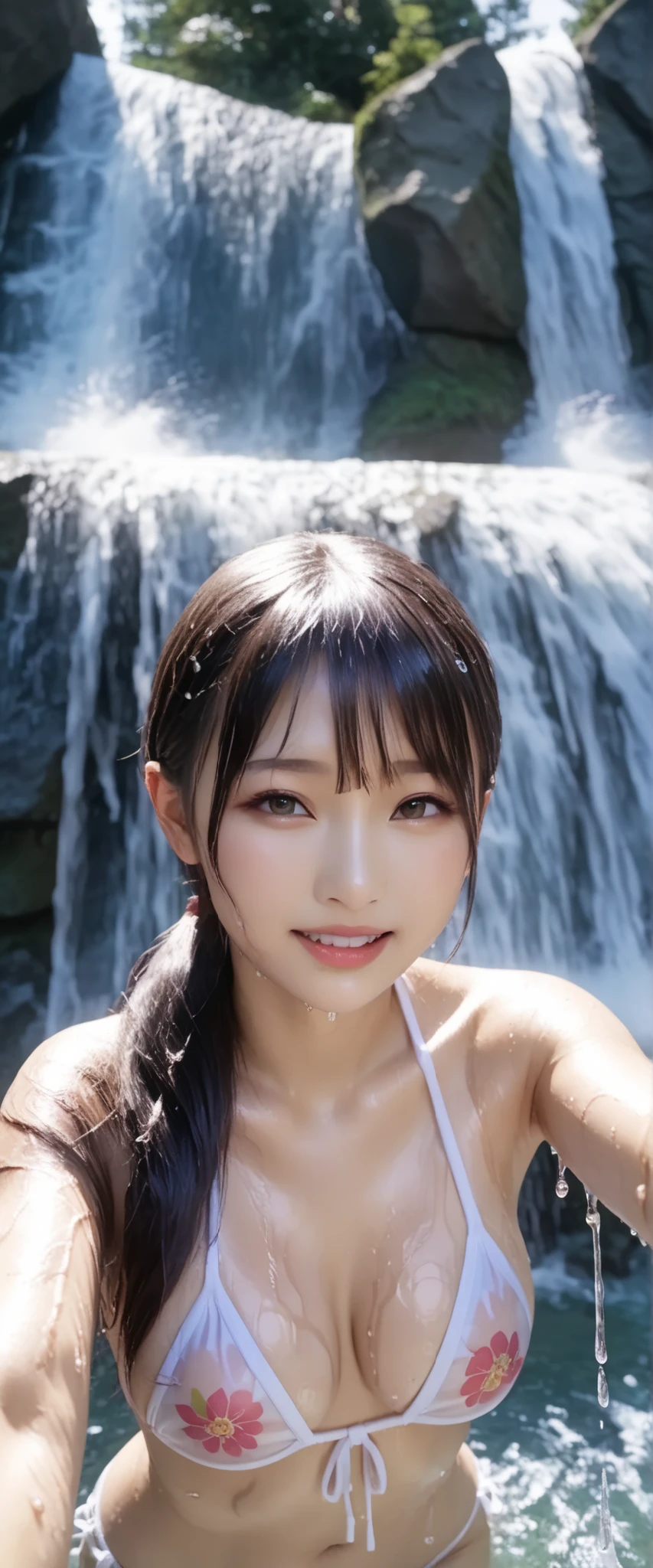   Highest Quality 、high quality 、 最High precision、High precision、8K quality、high image quality 、Highest Quality、 masterpiece 、immersive video、 very realistic image 、Realistic Paintings、 perfect detail 、 high contrast 、High Fidelity、 perfect and unblurry pictures、close to reality、 images with lots of detail、 Detailed and realistic weapons 、 exquisite and realistic human skin 、 realistic face in every detail、 Realistic eyes with attention to detail 、   Realistic Lips Drawn in Details  、 detailed and real teeth、Real ears、 Realistic Hair 、erect nipples､Mansuji、((Japanese model))､((young adult woman))、((Young face))、((dark haired))、((medium rounded breasts))、((Stylish Body ))、(((Wearing a thin enamel bikini)))､(((A large waterfall with a difference in elevation and a Japanese woman in a thin enamel bikini)))、(((Japanese woman wearing a thin enamel bikini standing close to flowing waterfall water)))、(((Water dripping down her whole body)))、(((You can see your body line through a wet, thin enamel bikini)))、(((See her up close from the front)))