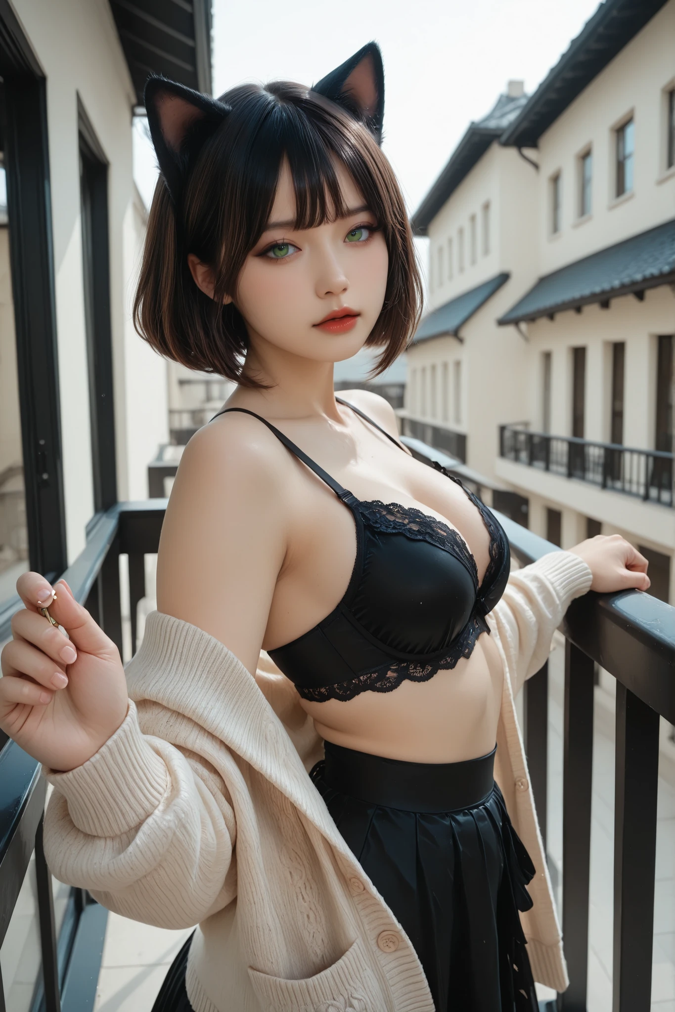 (masterpiece:1.3), (8k:1.3), (best quality:1.3), (ultra-detailed:1.3), very aesthetic, detailed background, high-resolution rendering.
gothic-influenced catgirl, melancholic beauty, cute face, decadent expression, graceful proportions, feminine curves, softly porcelain-like skin, (chestnut-brown bob hair with silky smooth lighter tips), almond-shaped beautiful green eyes, barely there eyebrows, delicate red lips, cat ears matching hair color.
She wears a matte black chiffon and lace bra, layered beneath an off-shoulder dark gray lightweight cashmere cardigan,
and an asymmetrical wrap petal skirt in glossy black silk, finished with a lace-trimmed hem.
She stands balcony, one hand lightly touching the railing, her upper body turning back gracefully.
Her half-lidded eyes softly glance down at the viewer.
The warm light, catching her presence and the folds of her outfit.
3/4 back, low-angle, medium shot, gentle focus on her presence, shallow depth of field, softly blurred background.