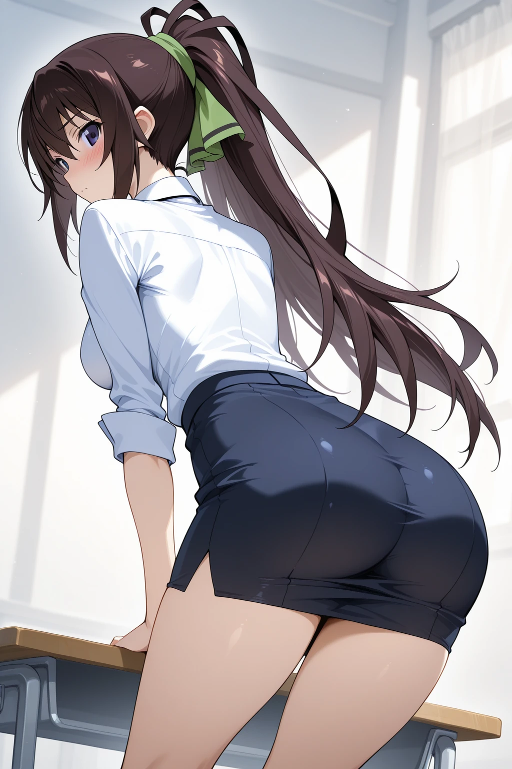One Woman、One Man、The man is looking up her skirt、Beauty、office、clerkの制服、clerk、Age 25、Tight Skirt、Looking down at the viewer, Jaggy Hair, Highest quality, Focus on the thighs, smile,  Black Pantyhose, panties under pantyhose、Plump thighs、Big Ass、Big 、 Brown Hair,My thighs are steaming between the legs 、Sweaty pantyhose、Angle from directly below、I have the documents、Copier、Corner 