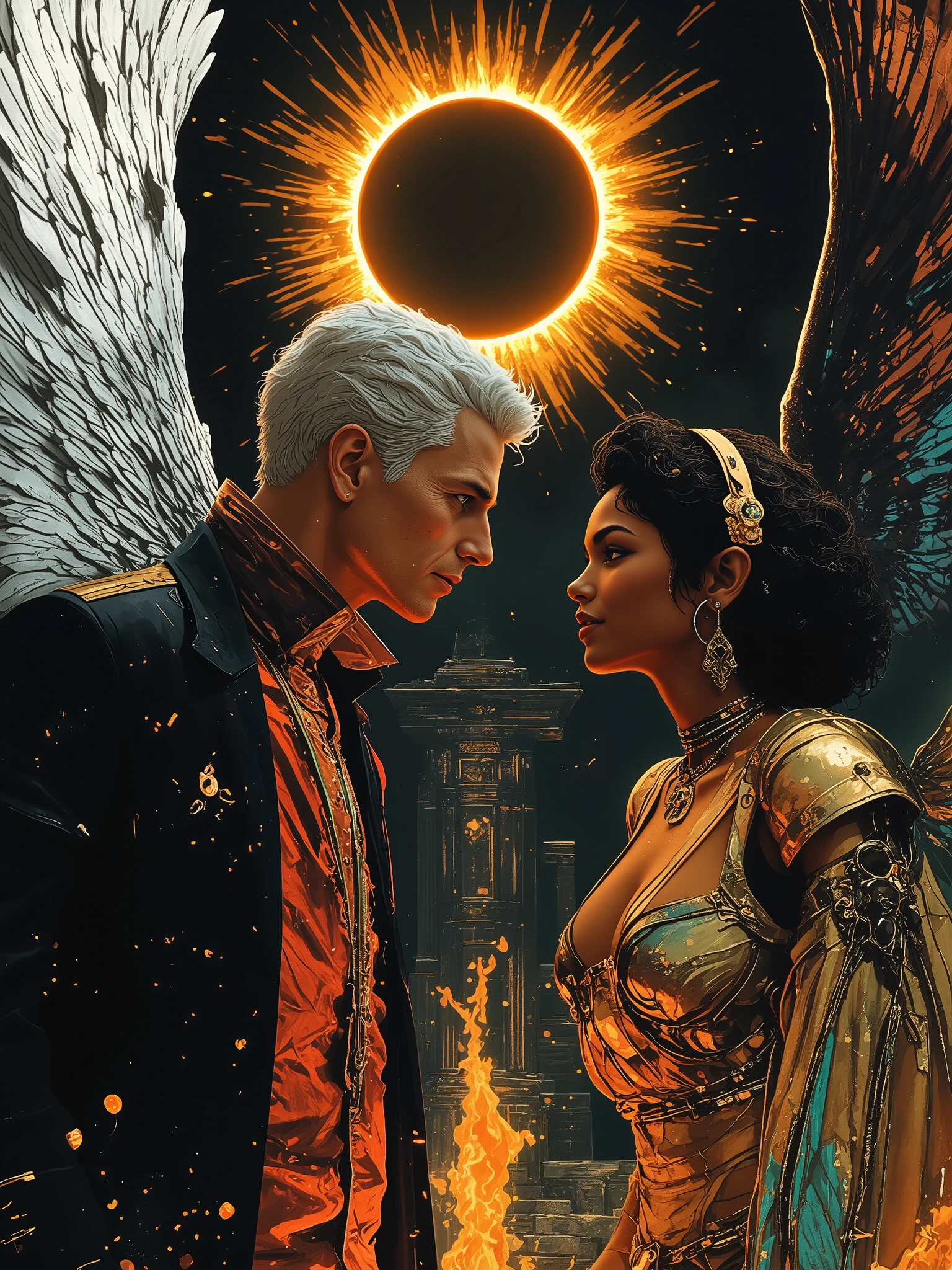 (((best quality))),(((ultra detailed))),(((masterpiece))),illustration,a (masterpiece),(Highest quality),(Super detailed),(Ultra-high resolution) , (Best illustrations), 32k, an ancient luxurious temple,dynamic lights, shiny, glitter
Done in a balanced and vivid impressionist style symbolizing harmony of opposites ((and the search for spiritual transcendence through practicing mindfulness of self and psychological clarity, or learning philosophical reason logic and truth, as well as coming to terms with the metaphysical laws of our existence.))
A captivating portrait shows an angel and a demon in staring at each other and enraptured. On the left appearing 40, a handsome aquiline looking man with short stylish white hair and a wry expression wears a dark, fancy high-collared coat and other expensive but tasteful accoutrements. He has silver and white feathered wings and a faint glowing halo, symbolizing his angelic nature. On the right is a smiling half black woman with dimpled cheeks, with brown caramel skin and shoulder length curly brown hair with green blue highlights,  wearing a roguish grin and dressed in an eclectic blend ((of street, grunge, secondhand and 1st hand designer finery and God only knows, each piece used to highlight her sensual, seductive nature)) that matches in some bizarre way. 190 lbs,Small perky breasts, thick thighs, long legs, raven wings, with flames rising behind her, figures are facing each other, their intense gazes creating a powerful contrast between light and darkness and a shocking truth, they long to touch one another and their look is full of love. Massive energies whirl around these 2 and an eclipse of the Sun heralds their union with a foreboding air. Done in a balanced and vivid impressionist style symbolizing harmony of opposites ((and the search for spiritual transcendeart styles that are dark fluid and elegant, styled with dynamic lighting, hyperdetailed, and intricately detailed, with deep colors, and volumetric lighting, 
