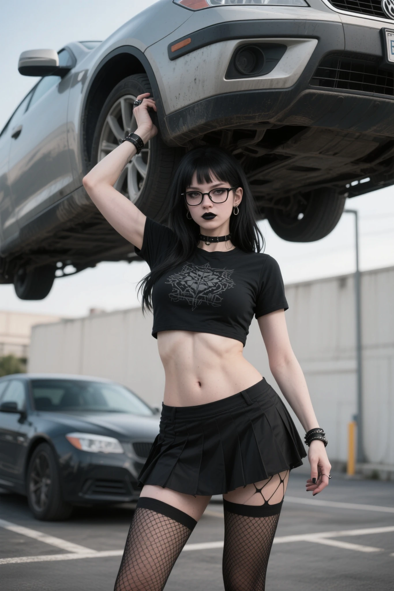 cruel ((Korean ((goth)) 40 yo goddess)) sitting in a car with her pretty perfect feet up while talking on her cell phone, short pleated skirt, plump thighs, hairy , quality photo, in the middle of the  forest Tokyo city streets, city streets behind her, driving