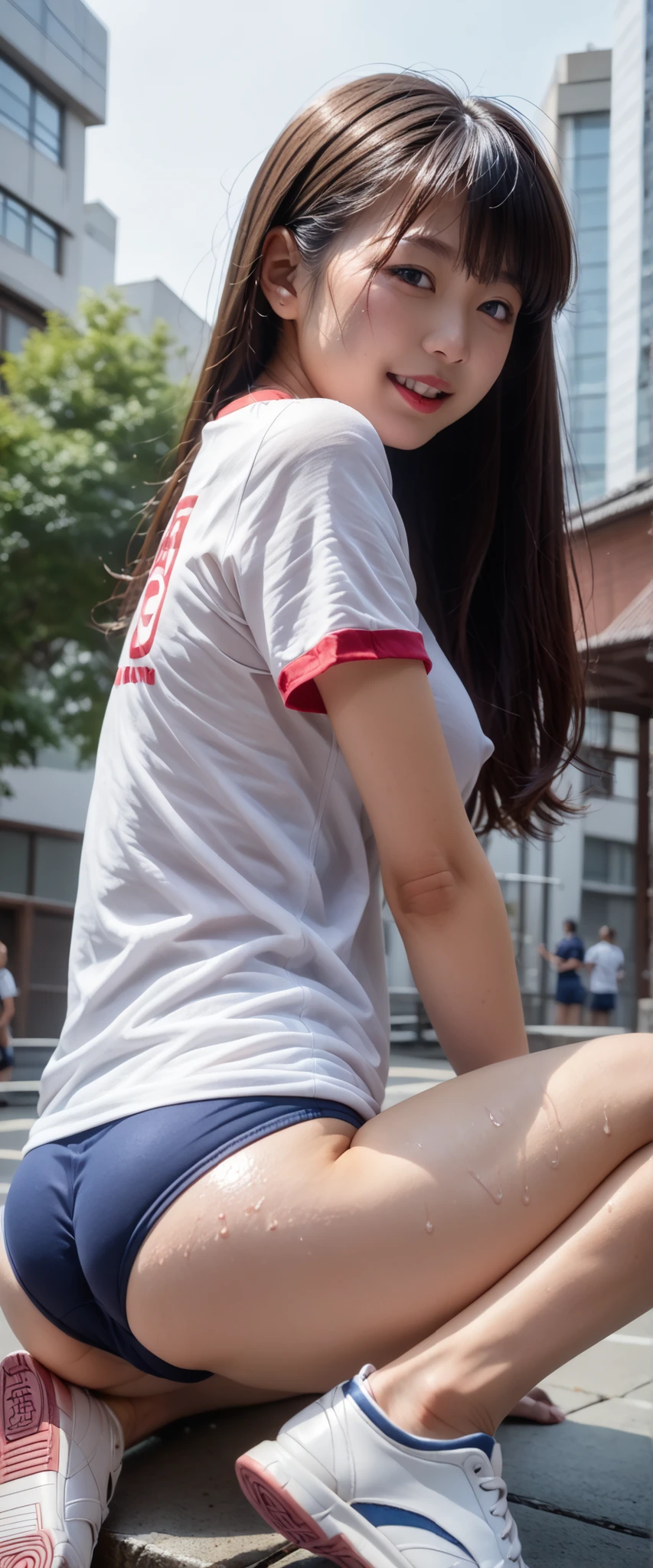   Highest Quality 、high quality 、 最High precision、High precision、8K quality、high image quality 、Highest Quality、 masterpiece 、immersive video、 very realistic image 、Realistic Paintings、 perfect detail 、 high contrast 、High Fidelity、 perfect and unblurry pictures、close to reality、 images with lots of detail、 Detailed and realistic weapons 、 exquisite and realistic human skin 、 realistic face in every detail、 Realistic eyes with attention to detail 、   Realistic Lips Drawn in Details  、 detailed and real teeth、Real ears、 Realistic Hair 、 nipples、Mansuji、((Japanese model))､((high school girl))、((Young face))、((dark haired))、((medium rounded breasts))、((Stylish Body ))、((( My whole body sweats  )))、(((a woman whose whole body is sweaty from head to toe)))、(( Outdoors ))、(((wear classic navy color bluma＆wear white and red line t-shirts＆wearing white sneakers)))、(((wear loose T-shirts that are thin and tight＆Wear loose T-shirts＆wearing white sneakers)))、(((汗で濡れているwear classic navy color bluma＆wear a sweaty white and red line t-shirt)))、(((薄手で張り付き感のあるwear loose T-shirts that are thin and tight＆wear loose fit gym clothes that are thin and tight)))、((Under the intense heat of midsummer,in the city with an umbrella))、((sit in a triangle with her  on the ground))､((( look at her from the front )))