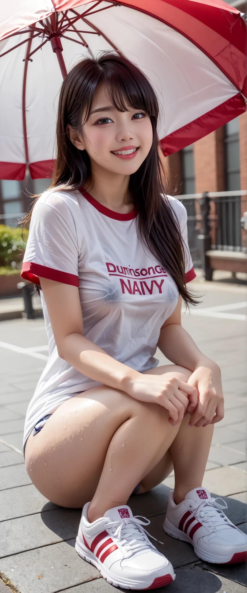 Highest Quality 、high quality 、 最High precision、High precision、8K quality、high image quality 、Highest Quality、 masterpiece 、immersive video、 very realistic image 、Realistic Paintings、 perfect detail 、 high contrast 、High Fidelity、 perfect and unblurry pictures、close to reality、 images with lots of detail、 Detailed and realistic weapons 、 exquisite and realistic human skin 、 realistic face in every detail、 Realistic eyes with attention to detail 、 Realistic Lips Drawn in Details 、 detailed and real teeth、Real ears、 Realistic Hair 、 nipples、Mansuji、((Japanese model))、((high school girl))、((Young face))、((dark haired))、((medium rounded breasts))、((Stylish Body ))、((( My whole body sweats )))、(((a woman whose whole body is sweaty from head to toe)))、(( Outdoors ))、(((wear classic navy color bluma&wear white and red line t-shirts&wearing white sneakers)))、(((wear loose T-shirts that are thin and tight&Wear loose T-shirts&wearing white sneakers)))、(((汗で濡れているwear classic navy color bluma&wear a sweaty white and red line t-shirt)))、(((薄手で張り付き感のあるwear loose T-shirts that are thin and tight&wear loose fit gym clothes that are thin and tight)))、((Under the intense heat of midsummer,in the city with an umbrella))、((sit in a triangle with her on the ground))、((( look at her from the front )))