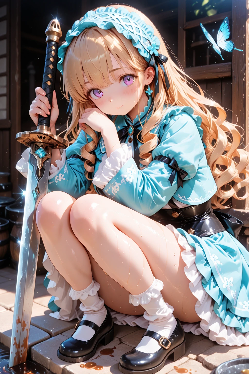 (((Petite girl with blonde twin tails))),(Medieval purple ruffled dress),1girl in,(masutepiece), (Best Quality), (Best Detail), (Distant perspective), (((Sit in a chair and play the organ))), Very detailed face, , Night , shading ,(((in woods))),(((Candlelight))),(((Angle from the side)))