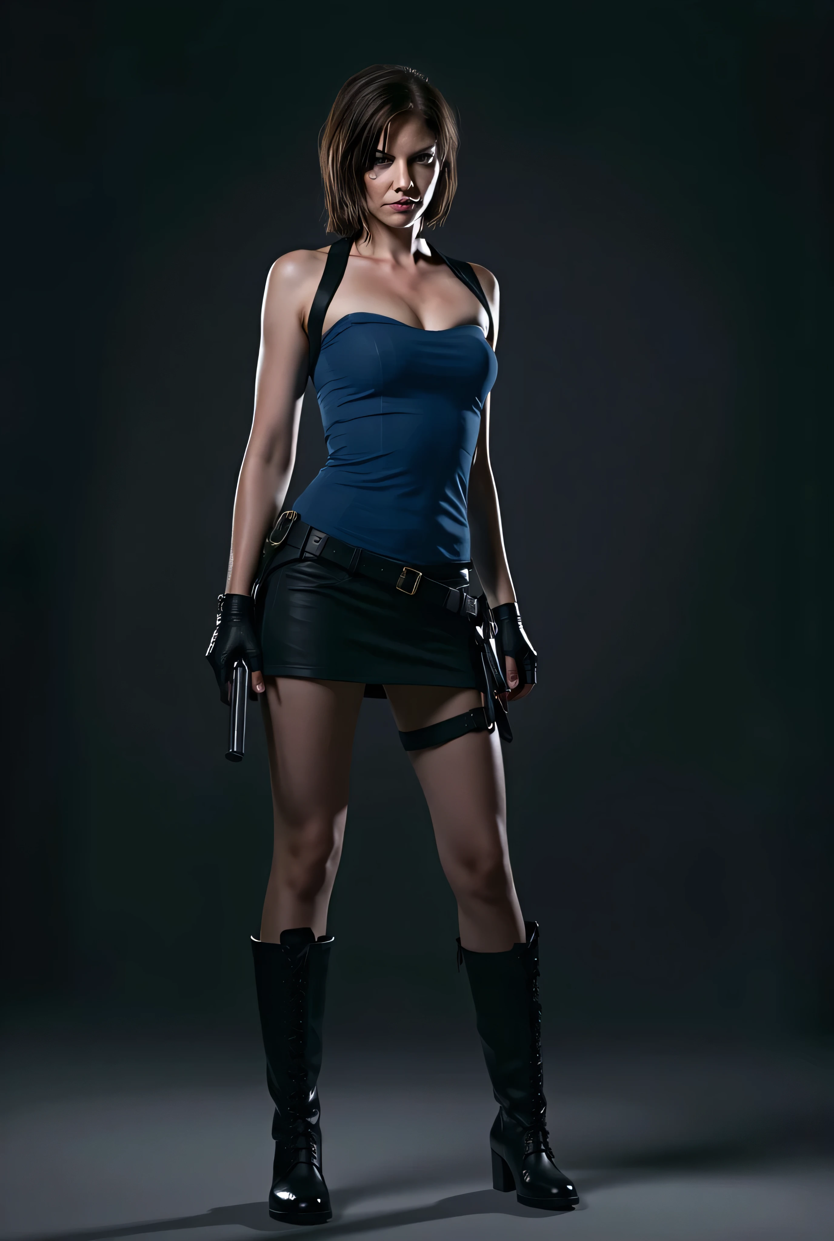 Lauren Cohan as Jill Valentine, black boots, black hair, skirt, blue top, Resident Evil Apocalypse, "view portrait", sexy pose, sexy posing