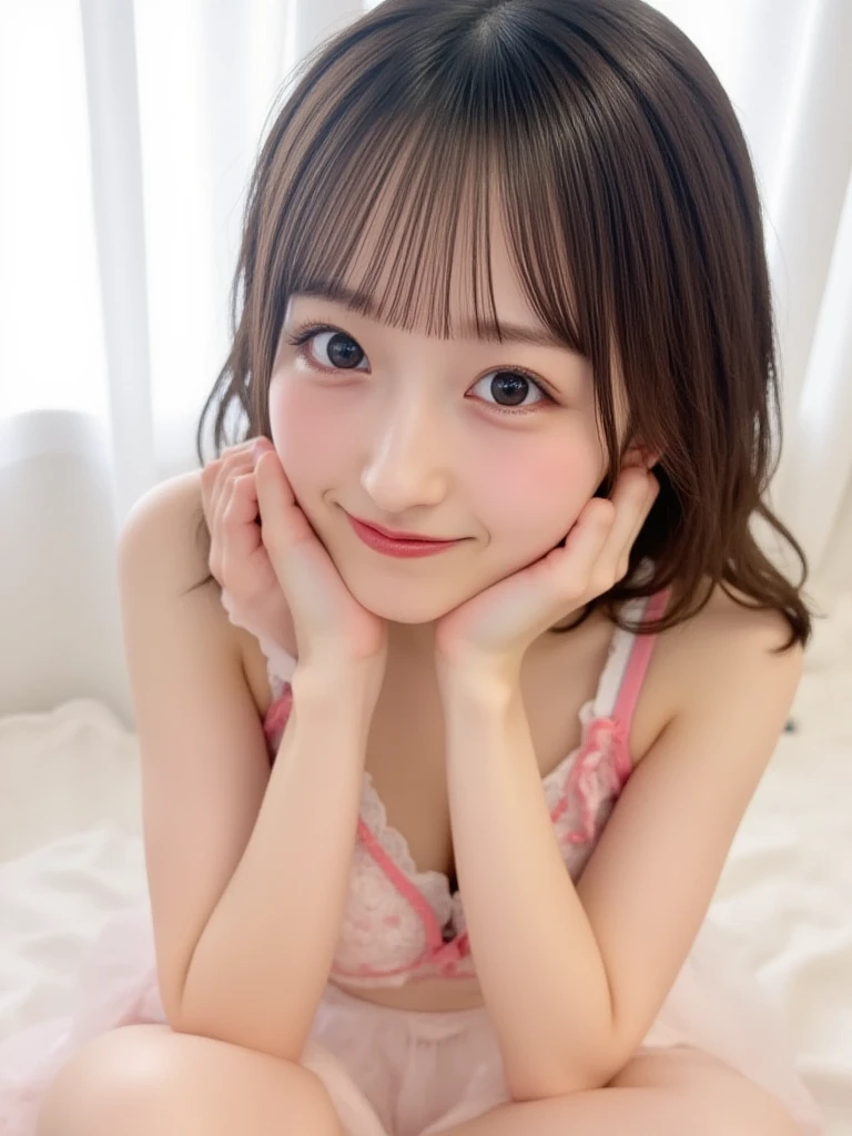 Japanese,Beautiful 6 years old,Baby Face、Upper body image、Ultra-flat chest:1.85、Ultra short height、An innocent smile、Flat Chestのクローズアップ、Flat Chest:1.85、cute,Primary school students,clavicle、Primary school studentsの私服、Summer clothes、So small and so young、On the bed:1.85、She has her arms open wide waiting for a hug:1.85、Big frilly ribbon:1.85、Strong motherhood、Ultra-flat chestの