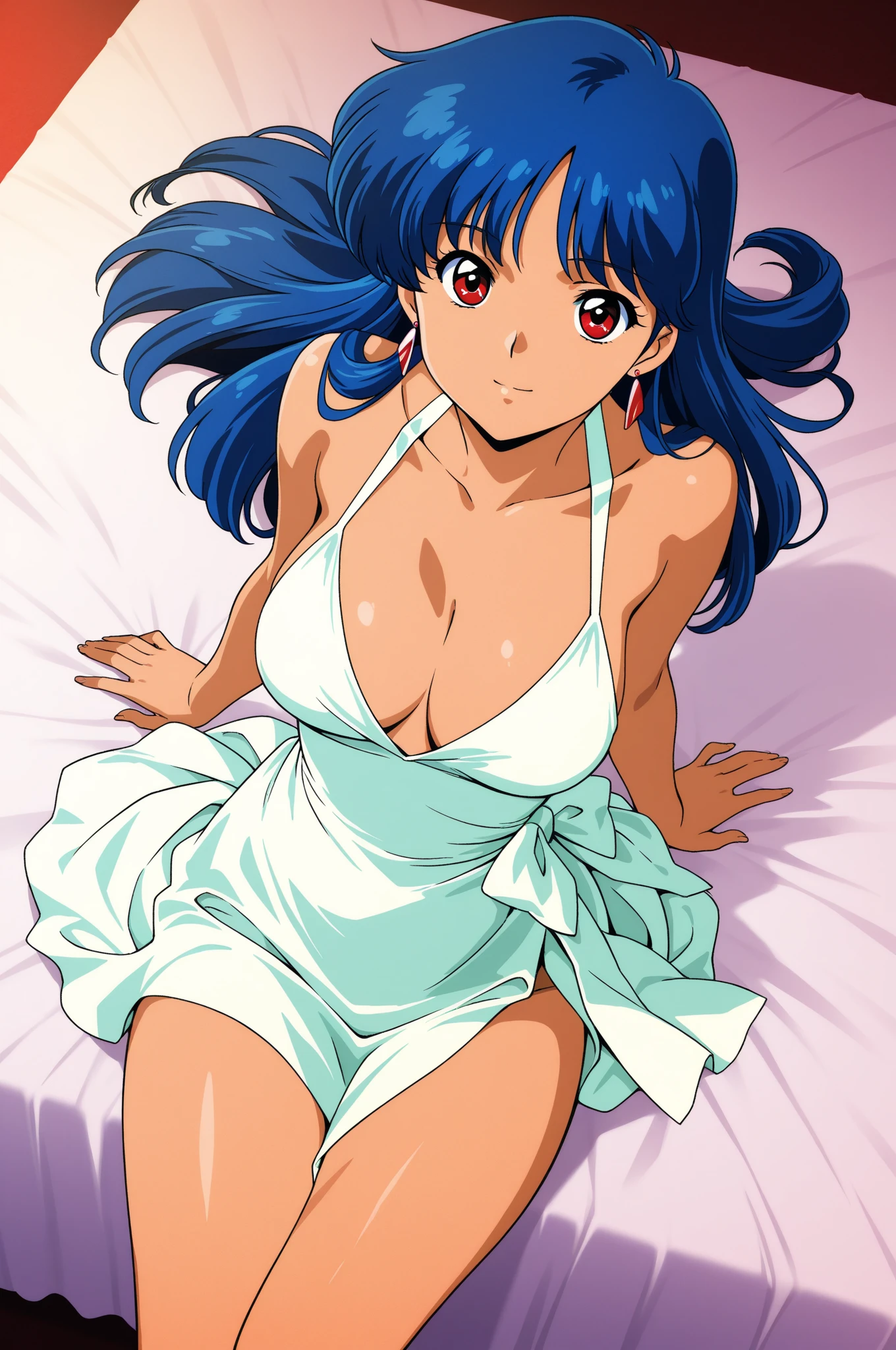 Lynn Minmay,One girl,alone,Blue Hair, Curly Hair,View Viewer,smile,Ample ???????, View Viewer, smile legs,?????????????,???????,?????,((????)),smiling,female , Ample ??????? (((????))) ,???????????,lying down,???????,(?????,from below),female、(Leg spread)、?????????????、((???????????))、((???????????)),