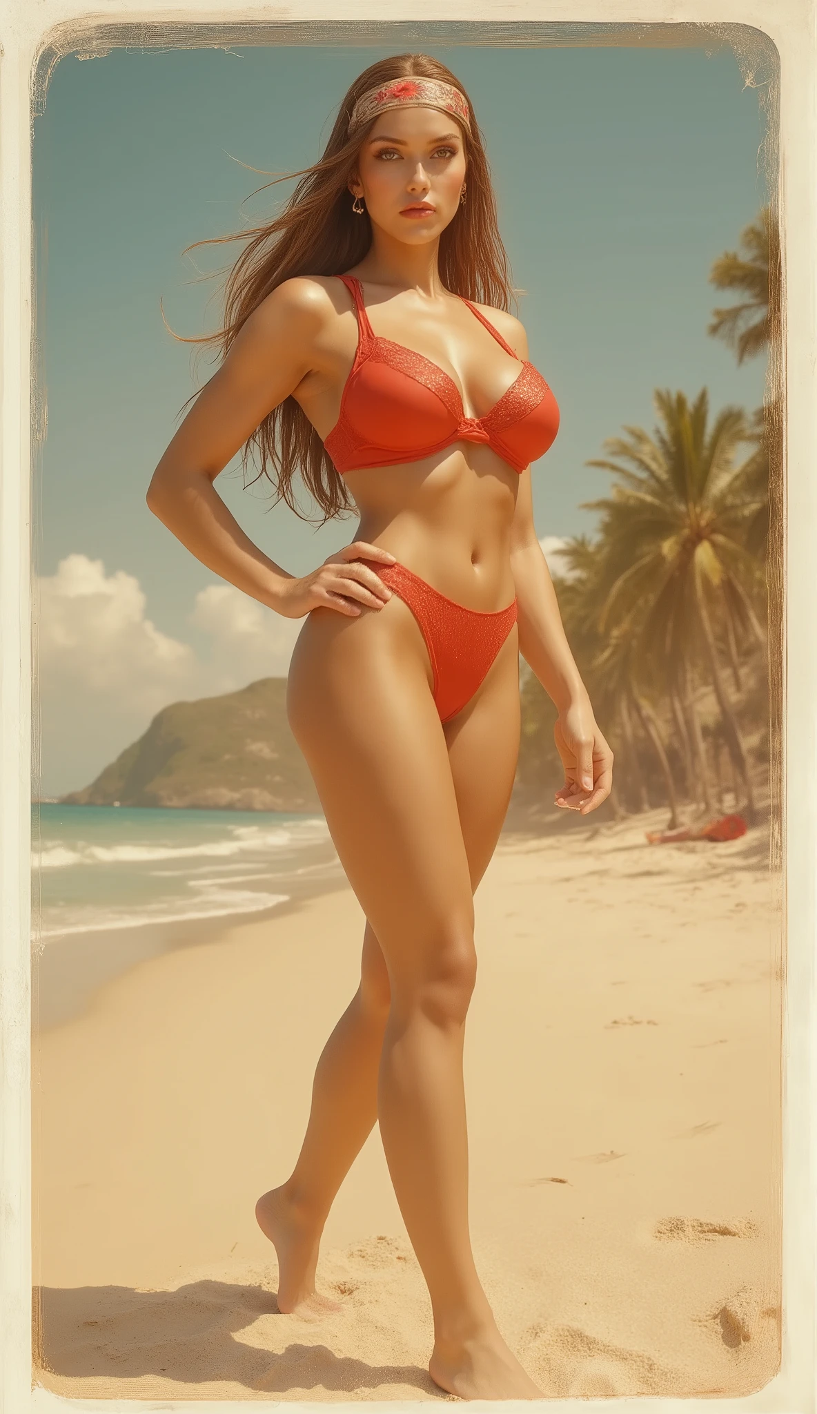  Vintage Polaroid-style full-body portrait of a sexy , provocative girl (20+) secret in 1960s pin-up style athletic build , long straight brown hair red sexy gypsy in bra and sexy red thong panties
her hair is tied in a headband , brown eyes , high arched eyebrows , large breasts , slim waist , broad shoulders , shapely calves . red sexy gyor in bra and sexy red thong panties  bare feet in the sand . Sunlit 1960s walk tropical beach sunshine blue sky