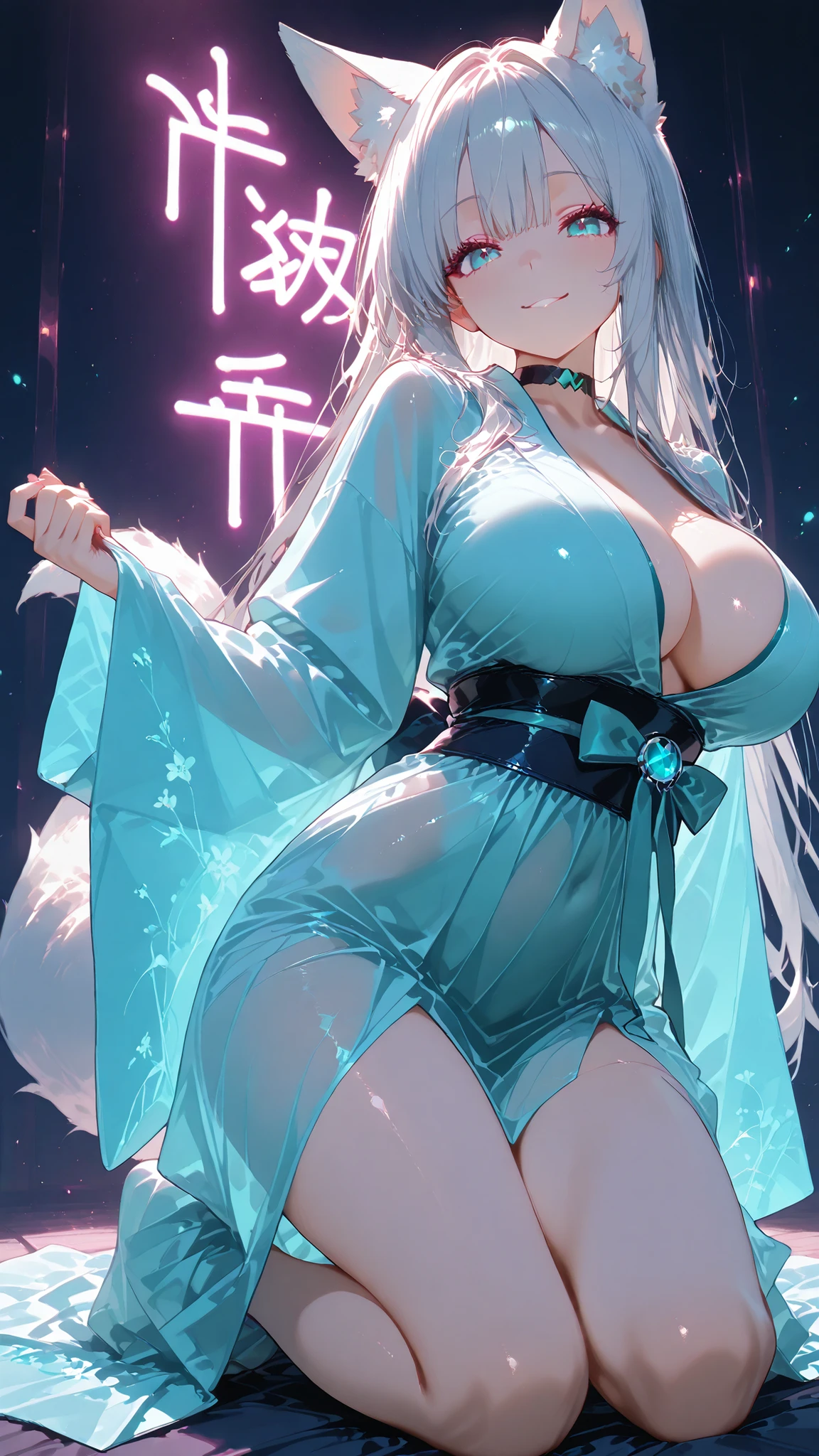 masterpiece, Ultra High Resolution,fox ear,Smile,gray hair,twin tail hair,Aqua Blue Eyes,Woman in a Sexy Kimono,See-Through Dress,Outfit with vivid contrast between white and black,big breast silhouette,perfect makeup and long false eyelashes,Kneeling,black background,fantastic scenery illuminated by neon light,Glowing light particles