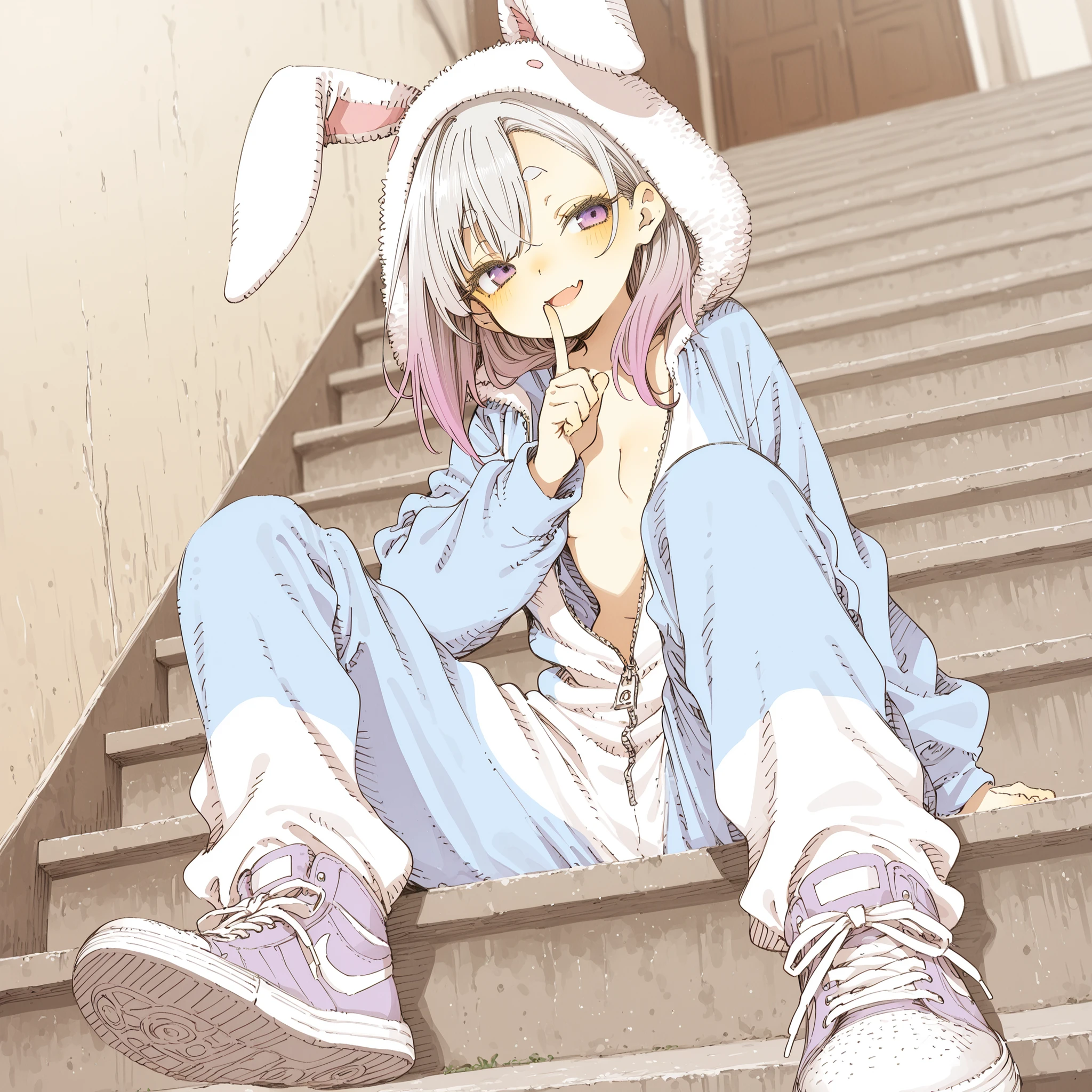 ((Abara Heiki style)), ((Masterpiece)), ((best quality, amazing quality)), ((very aesthetic, absurdres, newest)), ((detailed background, negative space, blurry background, depth of field, Asymmetrical background)), (dynamic angle, wide shot, from below), ((1girl, solo)), Cute young Girl, (Healthy Gaunt body, Textured skin, small , cleavage, tilt head), ((brown-skin)), Glossy hair, (Asymmetrical bangs, long side bangs), (medium hair, platinum-gold hair, unruly hair, gradient hair), (( smile, open mouth)), skin fang, (pale purple eyes, glitter eyes, gradient eyes, averting eyes, looking at side), big eyes, (short eyebrows), glossy lips, pouty lips, (lower eyelashes), under-eye bags, BREAK, ((Cute fluffy onesie, rabbit costume, fuzzy onesie, foamy onesie, slightly unzipped onesie, Pastel-colored onesie)), kigurumi, (Thick-soled Sneakers, showing sole of Sneaker), Beautiful neckline, (shushing), (loose sitting on the external staircase of condominium, outstreched leg), hunched over, aged condominium, indoor, (concrete stairs, aged stairs), aged Handrail, ((Idyllic atmosphere)),
