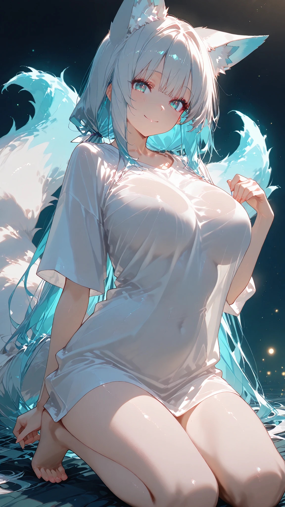 masterpiece,ultra detailed,Ultra High Resolution,fox ear,Smile,gray hair,twin tail hair,Aqua Blue Eyes,Woman wearing oversized t-shirt,See-through,plain white t-shirt,large breast silhouette that can be seen through,perfect makeup and long false eyelashes,Kneeling,black background,fantastic scenery illuminated by neon light,Glowing light particles