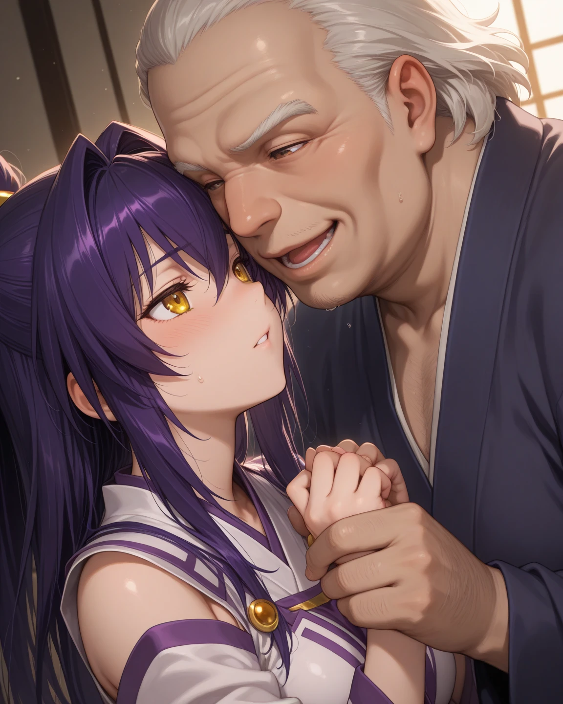 score_9, score_8_up, score_7_up, score_6_up, score_5_up, score_4_up,source_anime, BREAK , official art, official style,anime_screencap , anime coloring ,dbj , qqx, cch, [[zjw]] , 1girl ,Koubuin Yuuhi, blue hair , purple hair , high ponytail , blue eyes , kimono ,(((saliva))), from side, side view , side , ((())) , (((vacuum))) , , ,  inside the mouth ,squatting , bedroom , tatami , (((Full Body Illustration))) , 1boy, Dark-skinned men , (((Muscular man))), (((ugly man))) , (((Size difference))) , riding , huge , muscular , wide , fat 