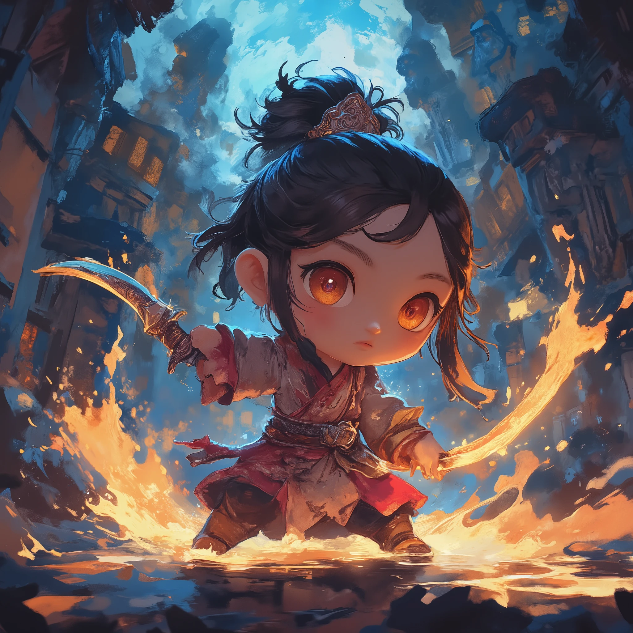 Perfect hand,3D render、chibi, Q version (Q version), SD, oversized head ( big head), tiny body (small body), kawaii (cute), cute (cute)、Female swordsmith holding a curved sword、Night View Illuminated by Magical Light、dramatic composition、Powerful Battle Scenes、fantasy art