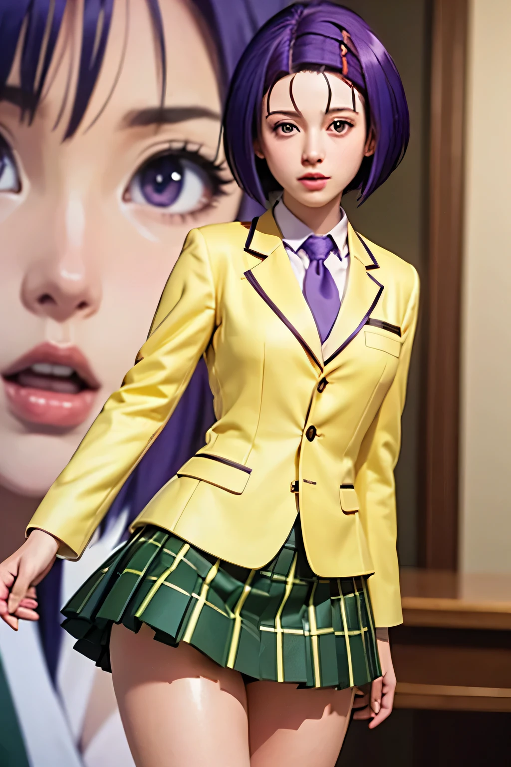 PERFECT ANATOMY　Highest Quality,highest resolution,(((shiny yellow uniform　blazer after face　shiny checked green skirt　Shiny Purple Hair　short hair　sweat　shiny skin)))　Tolove　Haruna Sairenji