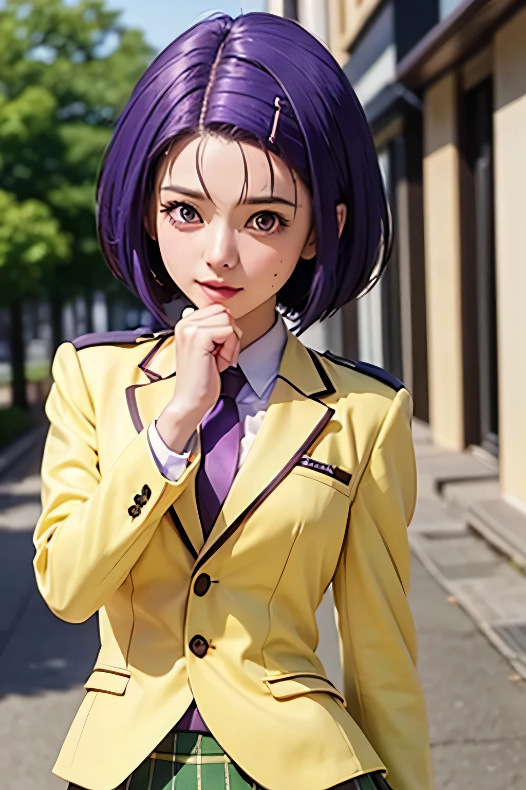 PERFECT ANATOMY　Highest Quality,highest resolution,(((shiny yellow uniform　blazer after face　shiny checked green skirt　Shiny Purple Hair　short hair　sweat　shiny skin)))　Tolove　Haruna Sairenji