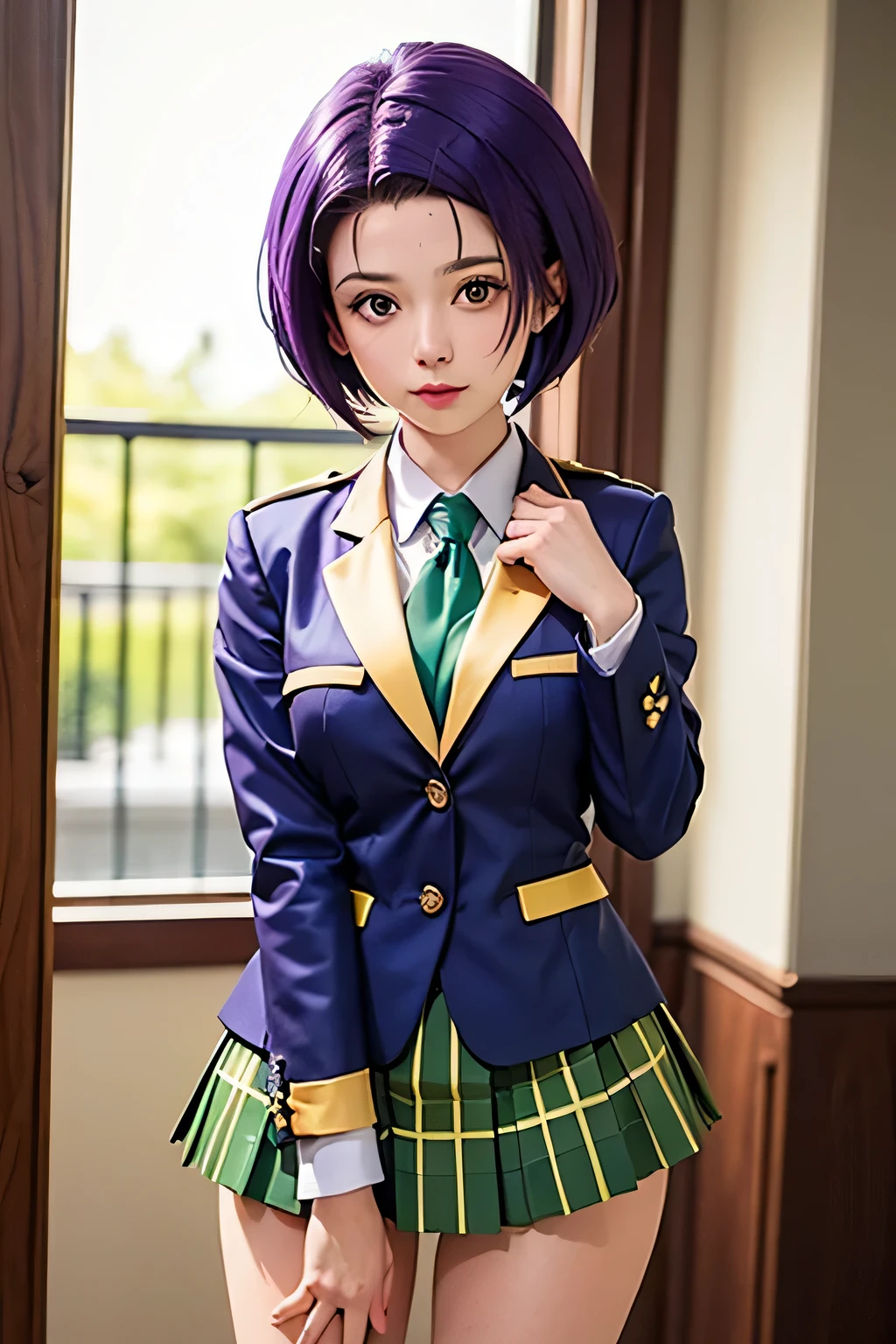PERFECT ANATOMY　Highest Quality,highest resolution,(((shiny yellow uniform　blazer after face　shiny checked green skirt　Shiny Purple Hair　short hair　sweat　shiny skin)))　Tolove　Haruna Sairenji