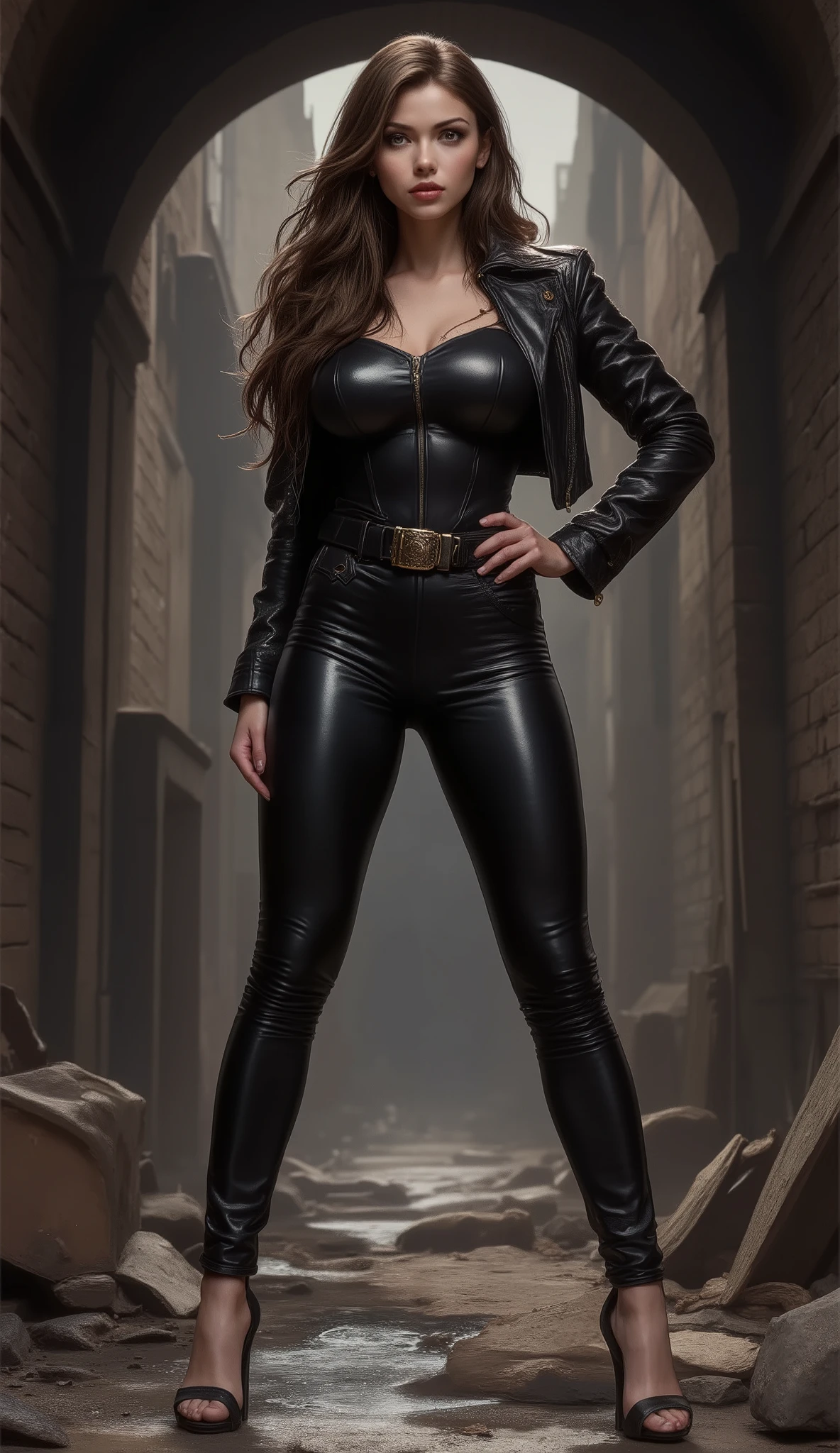  beautiful, sexy, sensual, tall, long brown-haired, 35-year-old fashion model woman with long, slender legs, a thin waist, broad shoulders, large breast, black leather pants, wide buckle belt, black leather jacket and elegant black leather stiletto heels that highlight her graceful, slender ankles, standing with her legs apart, hands on her hips, in dark dusty tunnel covered in trash with brick walls and concrete floors