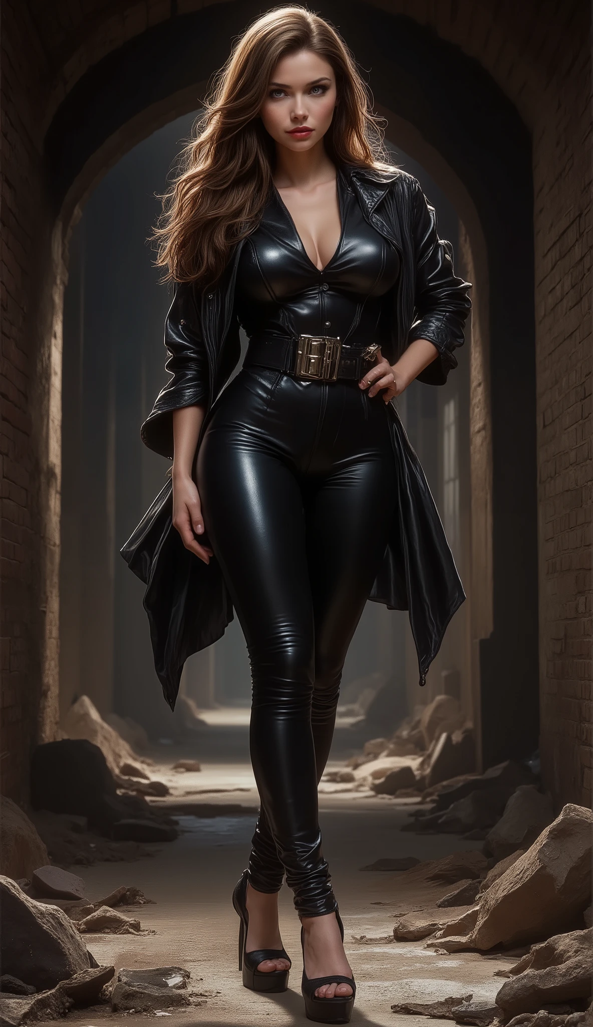 beautiful, sexy, sensual, tall, long brown-haired, 35-year-old fashion model woman with long, slender legs, a thin waist, broad shoulders, large breast, black leather pants, wide buckle belt, black leather jacket and elegant black leather stiletto heels that highlight her graceful, slender ankles, standing with her legs apart, hands on her hips, in dark dusty tunnel covered in trash with brick walls and concrete floors
