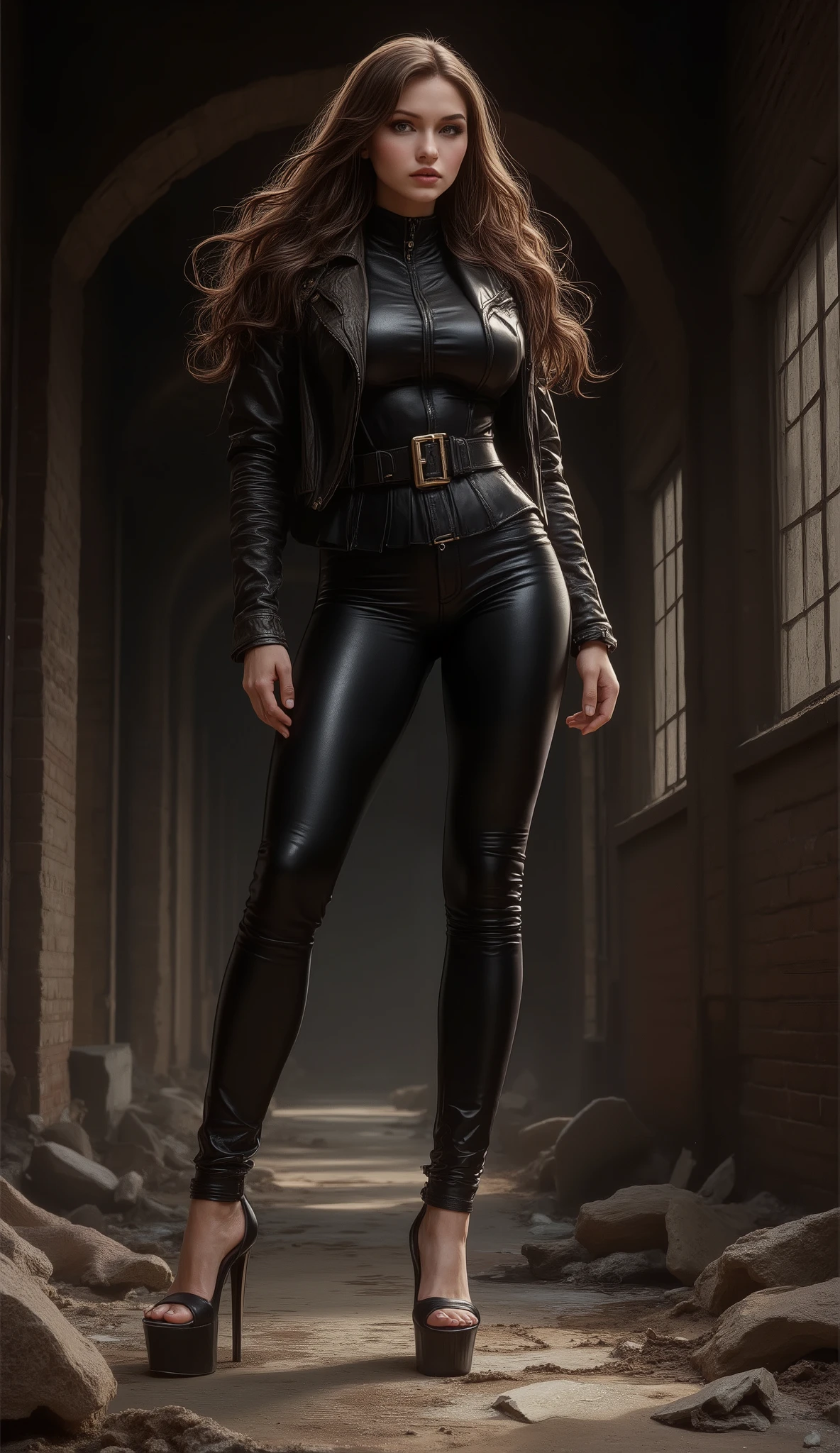 beautiful, sexy, sensual, tall, long brown-haired, 35-year-old fashion model woman with long, slender legs, a thin waist, broad shoulders, large breast, black leather pants, wide buckle belt, black leather jacket and elegant black leather stiletto heels that highlight her graceful, slender ankles, standing with her legs apart, hands on her hips, in dark dusty tunnel covered in trash with brick walls and concrete floors