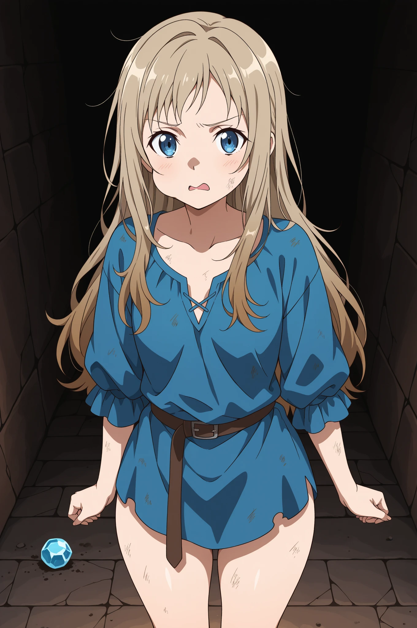 ((blonde long hair brown tape around her mouth wrapped straight sad and red cheeks tied with rope behind her hand tied around her  tied around her whole body kidnapped anime girl sitting on her two knees