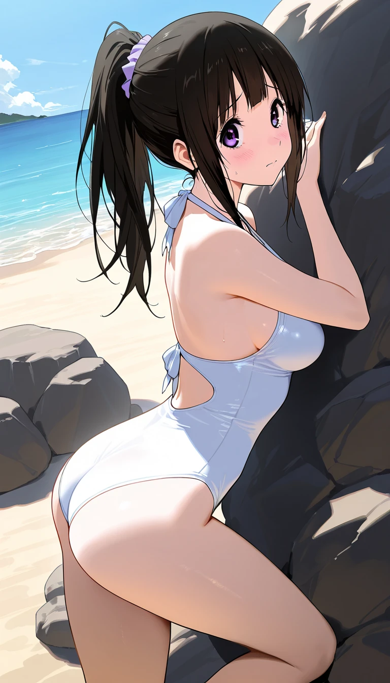 Woman, , blushing, brunette, big boobs, perky tits, fat ass, wide hips,sitting, legs spred, visbile , black , g string, , tits out in the open, beach, wet, alone