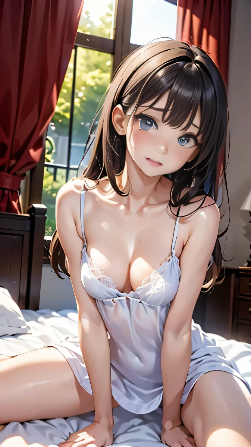 (Best Quality,High resolution,8K,finelity detailed background,Masterpiece:1.2),beautiful girl,Shiny brown hair,messy hair,Brown eyes,Gentle look,A refreshing look,Best quality,Best Quality,Aesthetic and aesthetic:1.2,Best details((Super detailed))(High-definition CG illustrations),Dark gray ????????? (dark gray,intricate lace),Slender body,Late Night,Moonlit Night,Bedroom,On the bed,smile,blush,cute,Scrounge,Looking up,Being spoiled,super model,wariza,shoot from below
