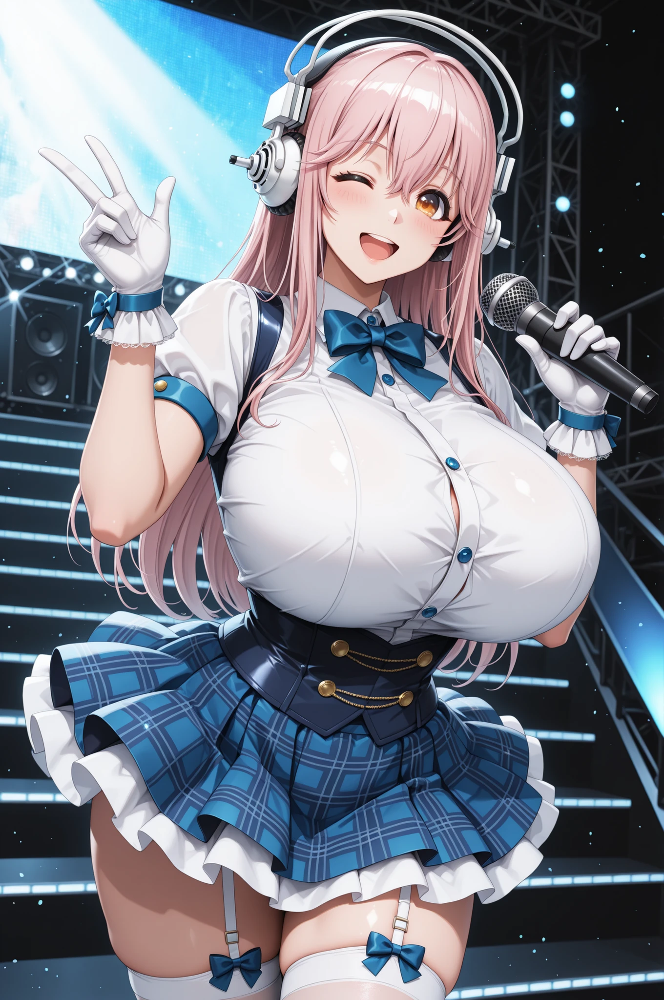 super sonico is standing wearing white top and blue skirt holding microphone, 1girl, skirt, microphone, gloves, one eye closed, holding microphone, white gloves, solo, blue skirt, holding, open mouth, smile, thighhighs, looking at viewer, garter straps, blue bow, bow, white thighhighs, plaid, ;d, short sleeves, shirt, breasts, bangs, idol, white shirt,music stage,indoor,gigantic breasts,
