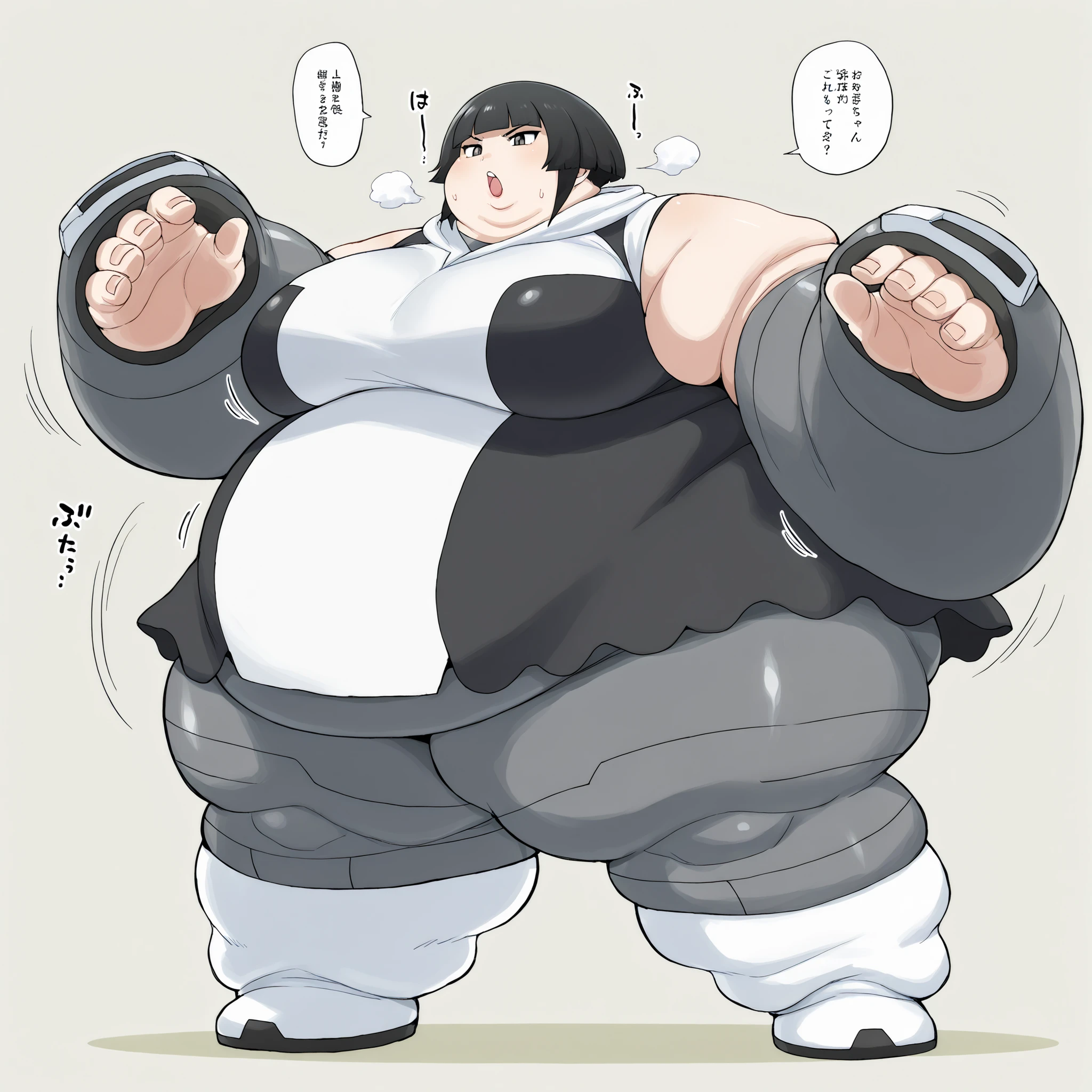 furikali, pmtgg, short hair, blunt bangs, large breasts
black and white dress, two-tone dress, grey bodysuit, bodysuit under clothes, grey pants, white boots, large breasts, fat, chubby, obese, fat neck, multiple chins, big breasts open mouth, out of breath, Larger female, full body shot, only head, large head, oversized limbs, large hands, large feet, oversized feet, oversized fingers, big lips, plump lips, fat face, fupa, big fupa, fat fupa, hunchback,