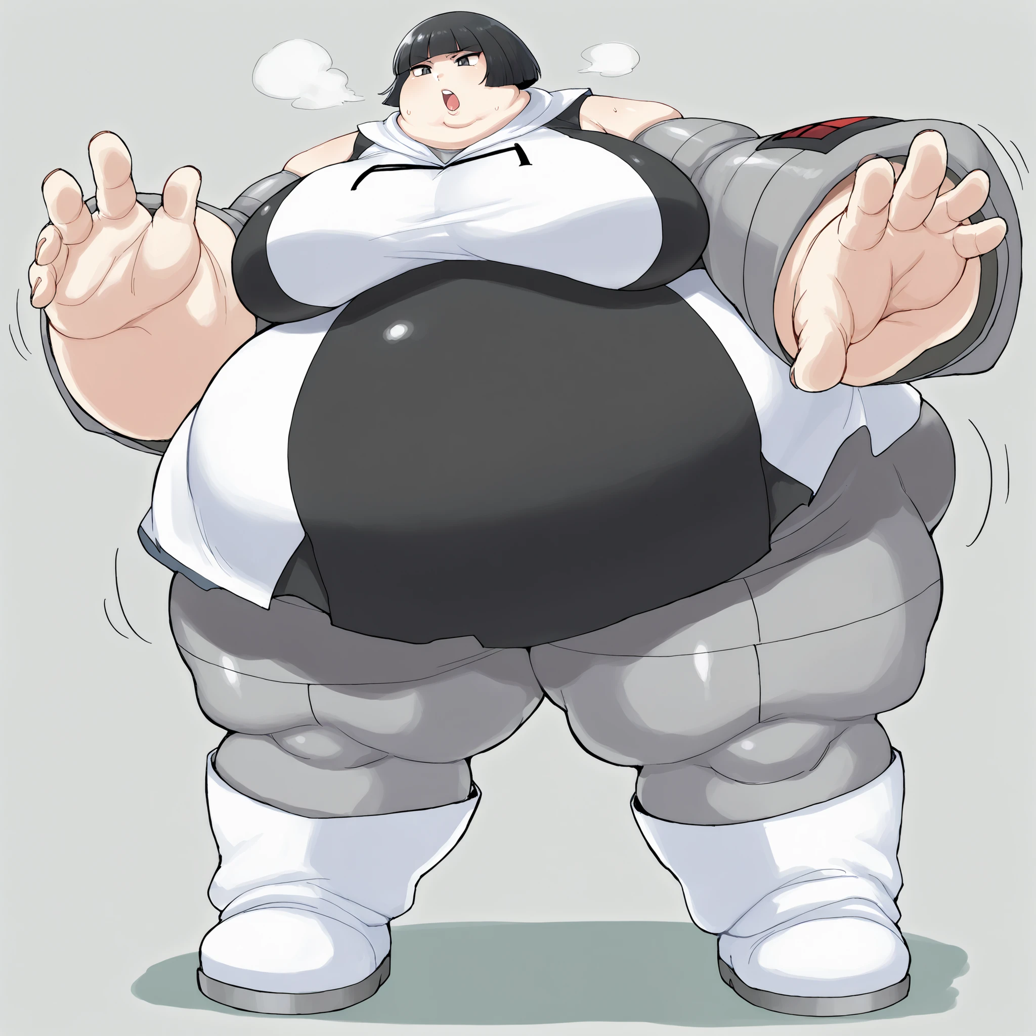 furikali, pmtgg, short hair, blunt bangs, large breasts
black and white dress, two-tone dress, grey bodysuit, bodysuit under clothes, grey pants, white boots, large breasts, fat, chubby, obese, fat neck, multiple chins, big breasts open mouth, out of breath, Larger female, full body shot, only head, large head, oversized limbs, large hands, large feet, oversized feet, oversized fingers, big lips, plump lips, fat face, fupa, big fupa, fat fupa, hunchback,