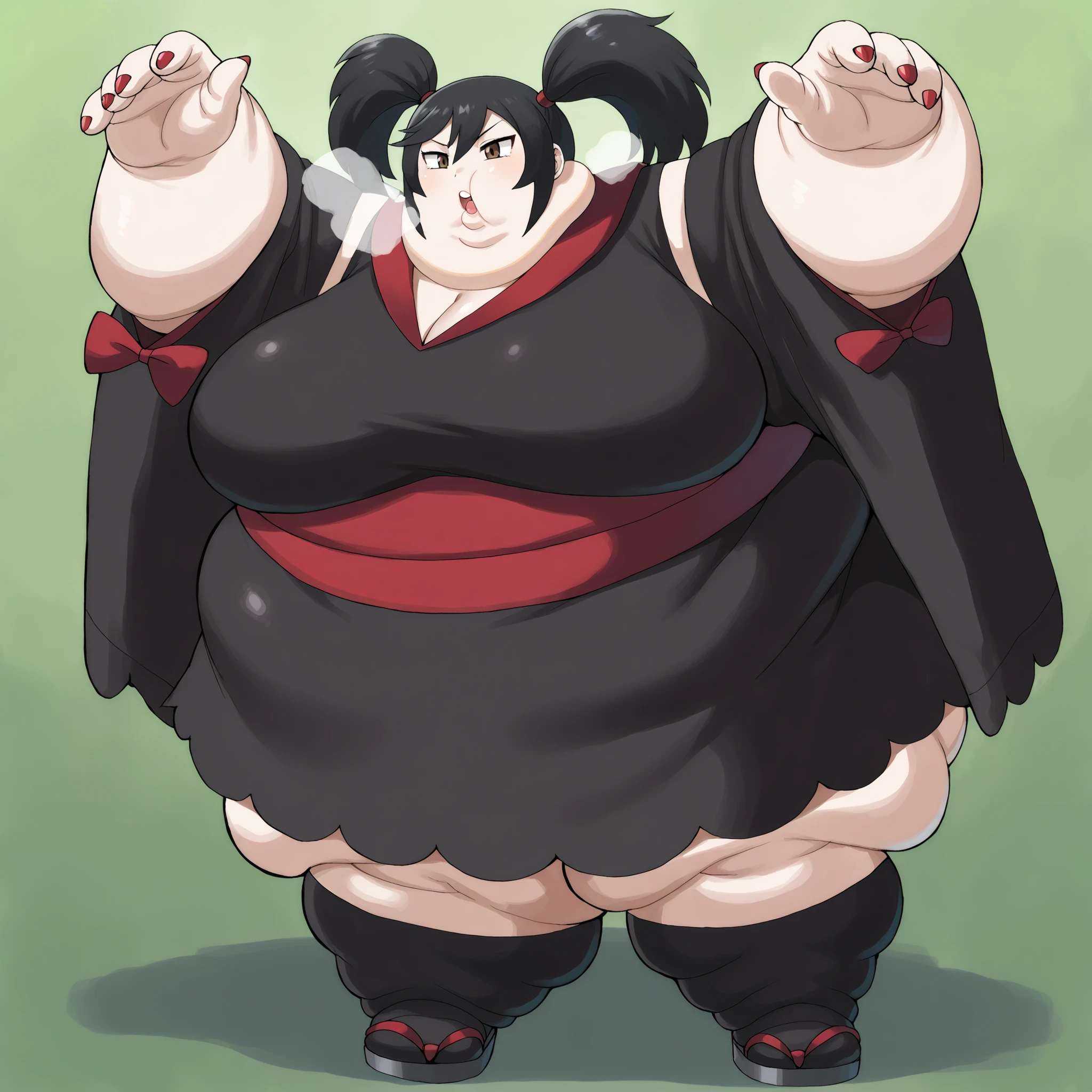 furikali, twintails, black_hair, hair_tie, brown_eyes, japanese_clothes, kimono, black_kimono, sash, wide_sleevees, kneehighs, black_socks, sandals, red_nails, large breasts, fat, chubby, obese, fat neck, multiple chins, big breasts open mouth, out of breath, Larger female, full body shot, only head, large head, oversized limbs, large hands, large feet, oversized feet, oversized fingers, big lips, plump lips, fat face, fupa, big fupa, fat fupa, hunchback,