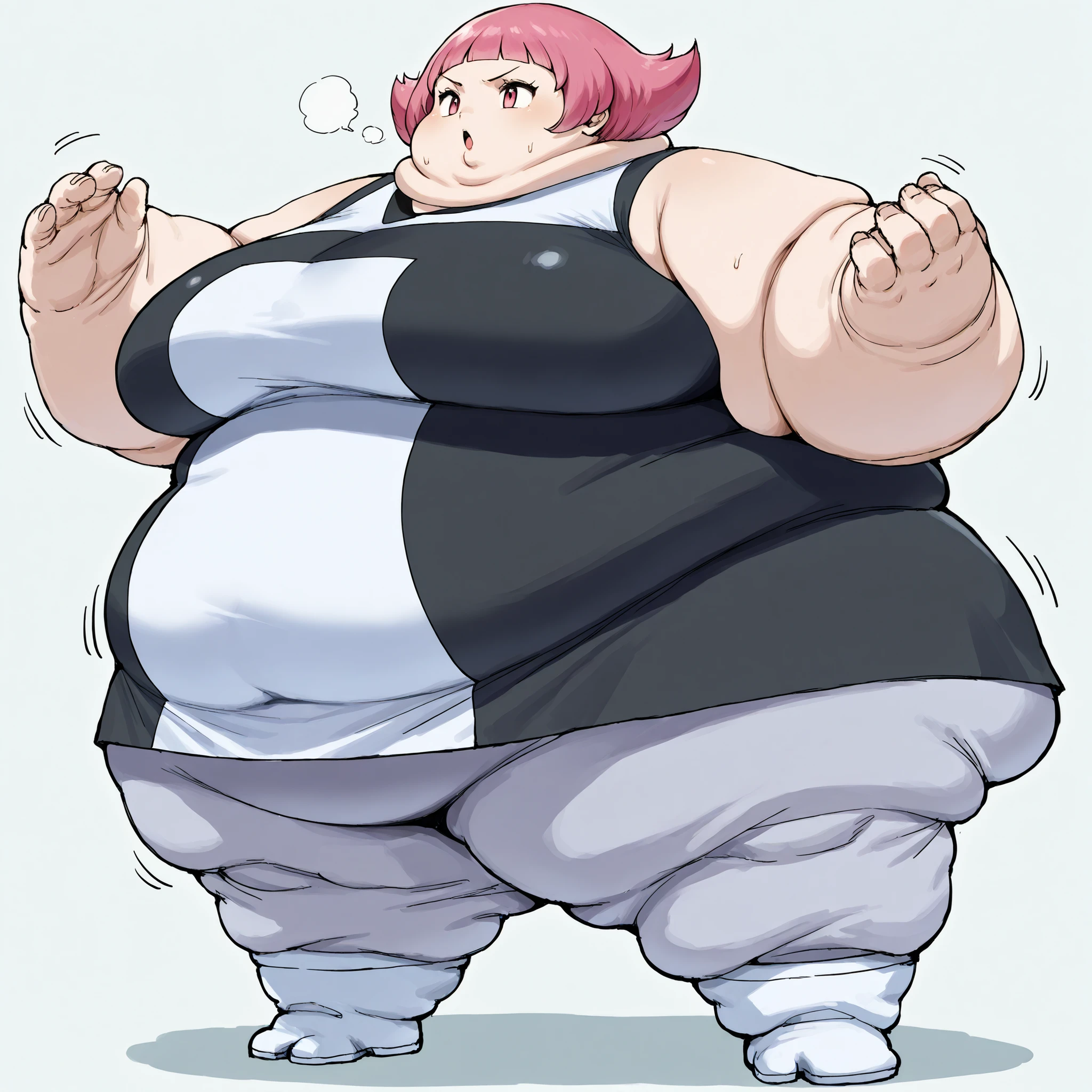1girl, maylene (pokemon), pink eyes, pink hair, pmtgg, short hair, blunt bangs, large breasts
black and white dress, two-tone dress, grey bodysuit, bodysuit under clothes, grey pants, white boots, large breasts, fat, chubby, obese, fat neck, multiple chins, big breasts open mouth, out of breath, Larger female, full body shot, only head, large head, oversized limbs, large hands, large feet, oversized feet, oversized fingers, big lips, plump lips, fat face, fupa, big fupa, fat fupa, hunchback,