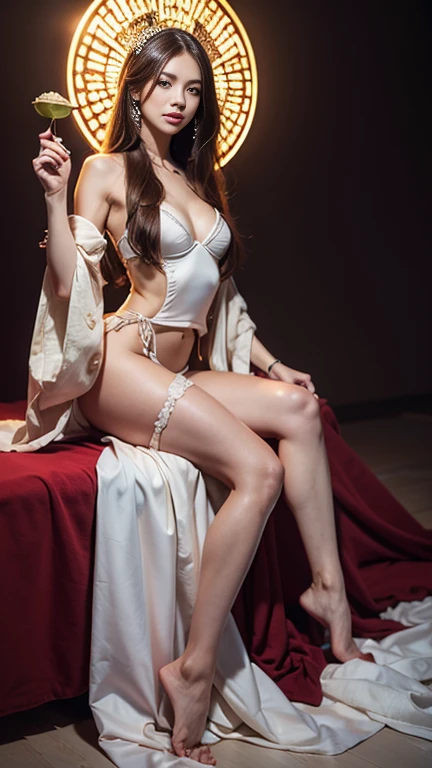 there is a woman sitting on a chair with flowers in her hair, 🌺 cgsociety, guweiz, artwork in the style of guweiz, a stunning young ethereal figure, by Yang J, by Chen Lin, by Zeng Jing, guweiz masterpiece, loish and wlop, by Yang Jin, by Russell Dongjun Lu, by Ye Xin, (full body:1.8), (upper body up:0.3), (hyper realistic:1.4), (realistic:1.3), (best quality real texture skin), Detailed eyes, detailed face, PERSEPHONE