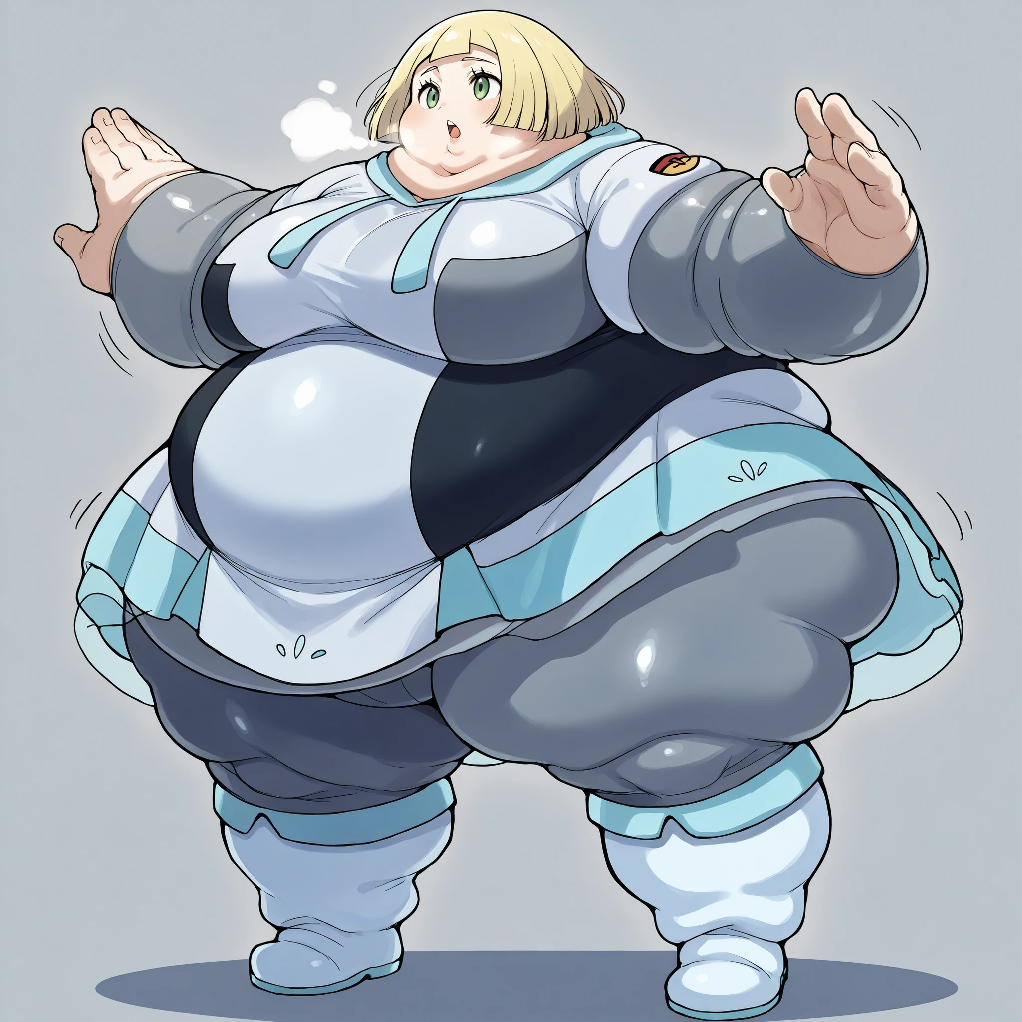 aalillie, pmtgg, short hair, blunt bangs, large breasts black and white dress, two-tone dress, grey bodysuit, bodysuit under clothes, grey pants, white boots, green eyes, fat, chubby, obese, fat neck, multiple chins, big breasts open mouth, out of breath, Larger female, full body shot, only head, large head, oversized limbs, large hands, large feet, oversized feet, oversized fingers, big lips, plump lips, fat face, fupa, big fupa, fat fupa,