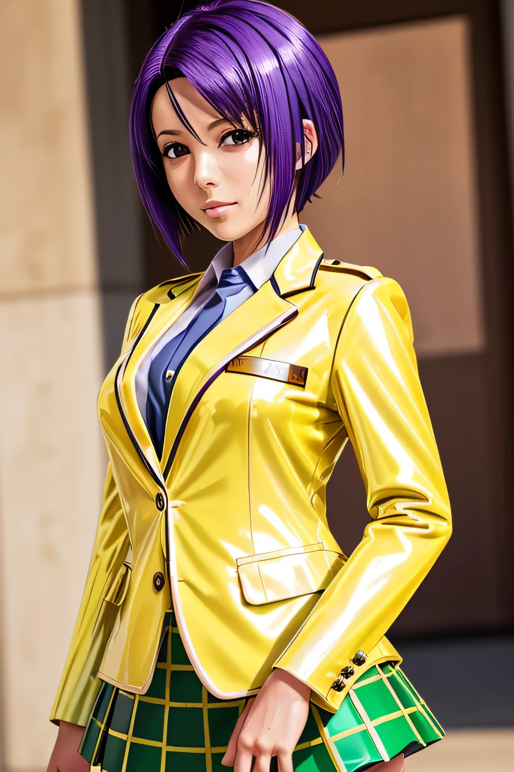 PERFECT ANATOMY　Highest Quality,highest resolution,(((shiny latex yellow uniform　blazer after face　shiny checked green skirt　Shiny Purple Hair　short hair　sweat　shiny skin)))　Tolove　Haruna Sairenji
