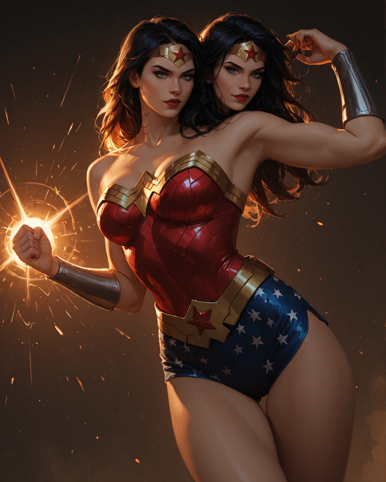 wonder woman, medium breasts, big ass, letting go of hands magic red, sexy, perfect body, ((original uniform)), fire involving character, cyberpunk, fitnes model, thin, back position, photography, diffuse side lighting, soft details, octane, artstation trend, luminous particles in the air, scary scenery, ultra high detail, ultra realistic, cinematic, dark scenery, fog at night, unreal engine, engine unreal engine,  16k, ((by Marvel))