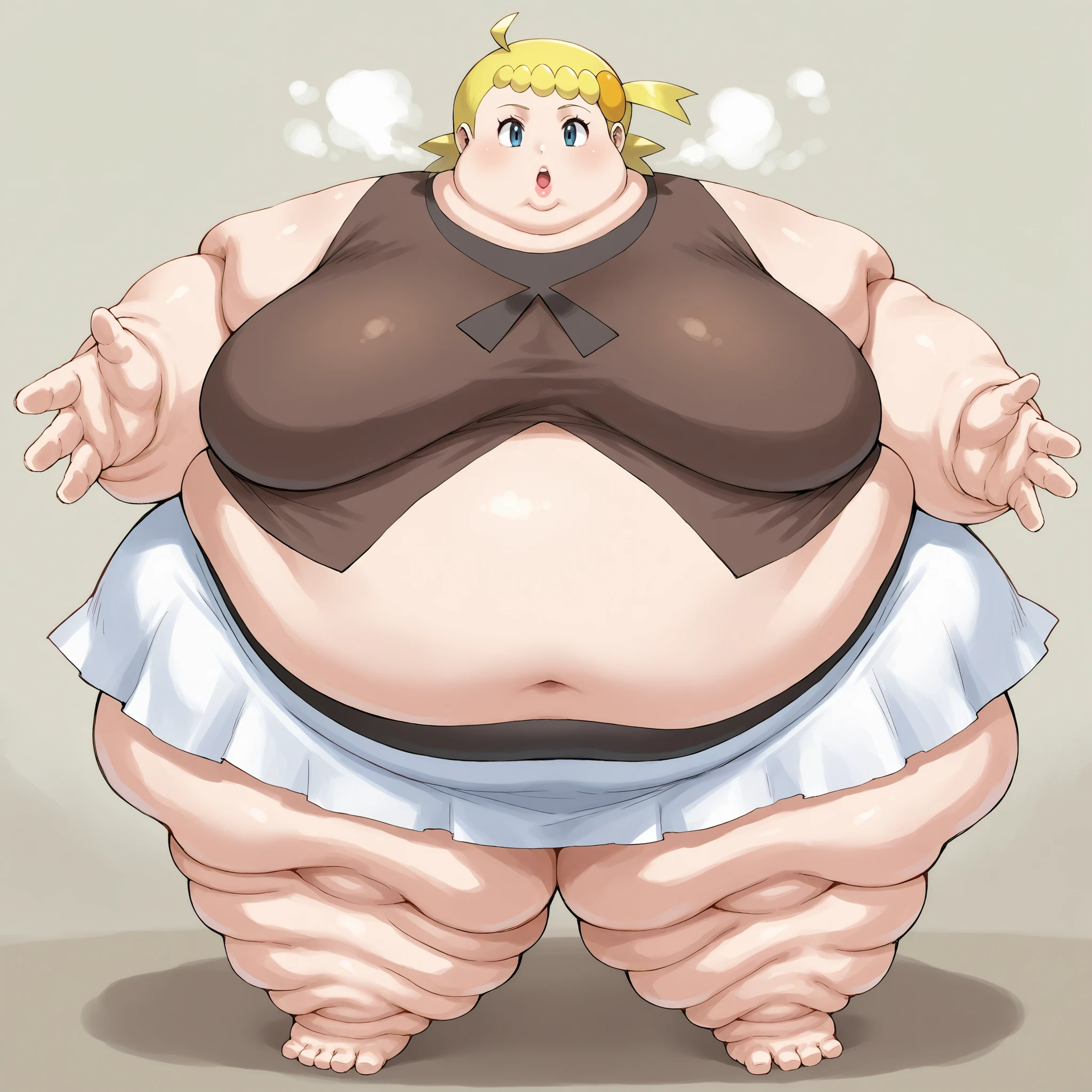 zzBonnie, bonnie_(pokemon), blue eyes, ahoge, blonde hair, hair ornament, short hair, side ponytail, brown shirt, white skirt, large breasts, fat, chubby, obese, fat neck, multiple chins, big breasts open mouth, out of breath, Larger female, full body shot, only head, large head, oversized limbs, large hands, large feet, oversized feet, oversized fingers, big lips, plump lips, fat face, fupa, big fupa, fat fupa, hunchback, 