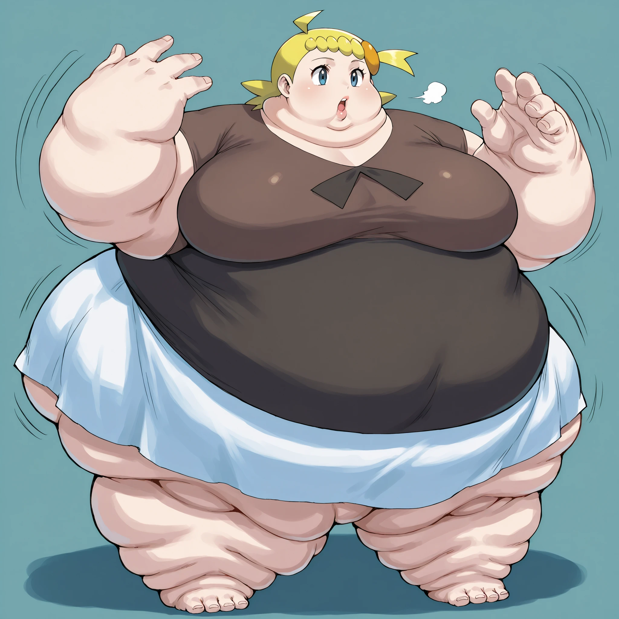 zzBonnie, bonnie_(pokemon), blue eyes, ahoge, blonde hair, hair ornament, short hair, side ponytail, brown shirt, white skirt, large breasts, fat, chubby, obese, fat neck, multiple chins, big breasts open mouth, out of breath, Larger female, full body shot, only head, large head, oversized limbs, large hands, large feet, oversized feet, oversized fingers, big lips, plump lips, fat face, fupa, big fupa, fat fupa, hunchback,