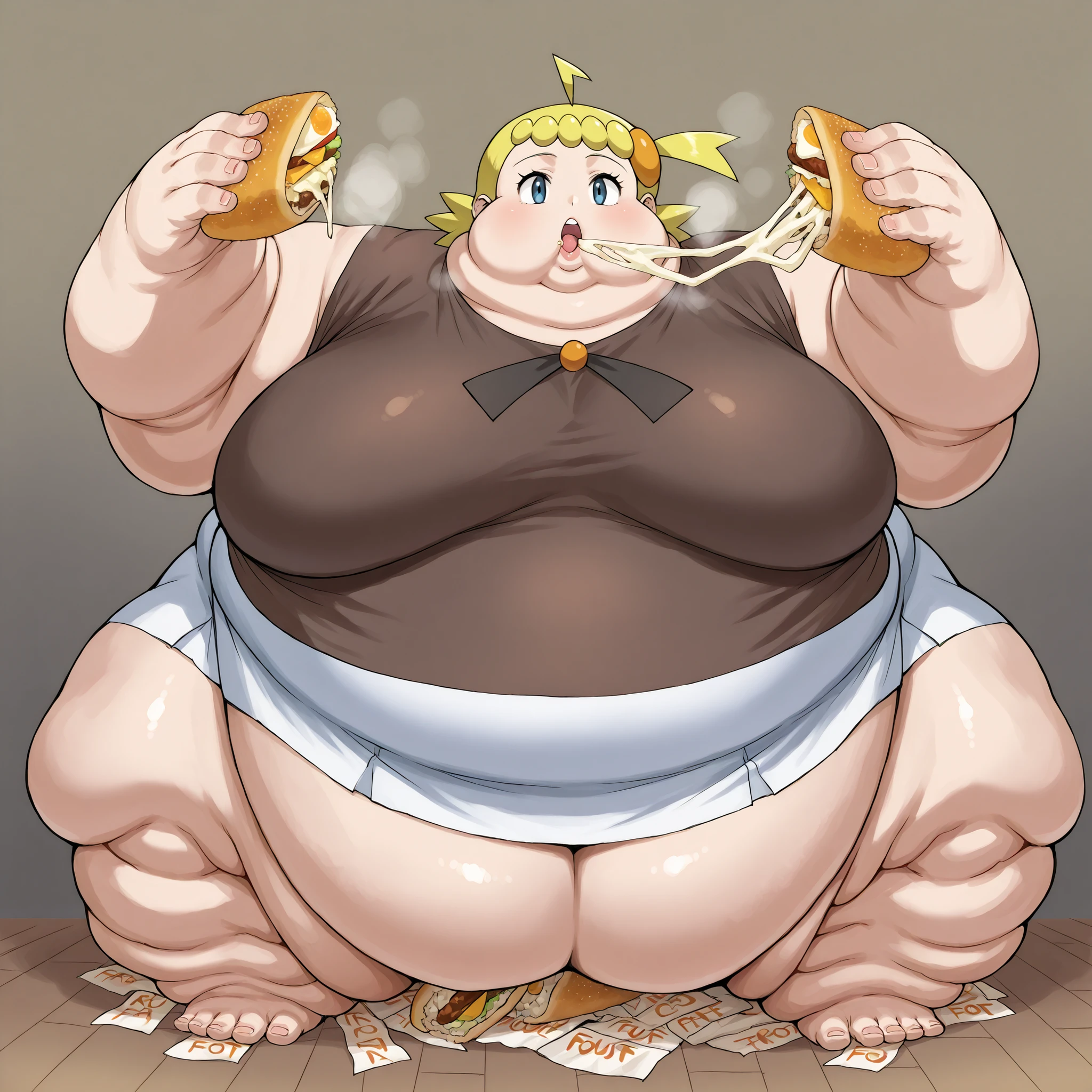 zzBonnie, bonnie_(pokemon), blue eyes, ahoge, blonde hair, hair ornament, short hair, side ponytail, brown shirt, white skirt, large breasts, fat, chubby, obese, fat neck, multiple chins, big breasts open mouth, out of breath, Larger female, full body shot, only head, large head, oversized limbs, large hands, large feet, oversized feet, oversized fingers, big lips, plump lips, fat face, fupa, big fupa, fat fupa, hunchback, on knees, food on floor, in front of tones of food, eating food, food in mouth, force fed, force feeding, rush of food