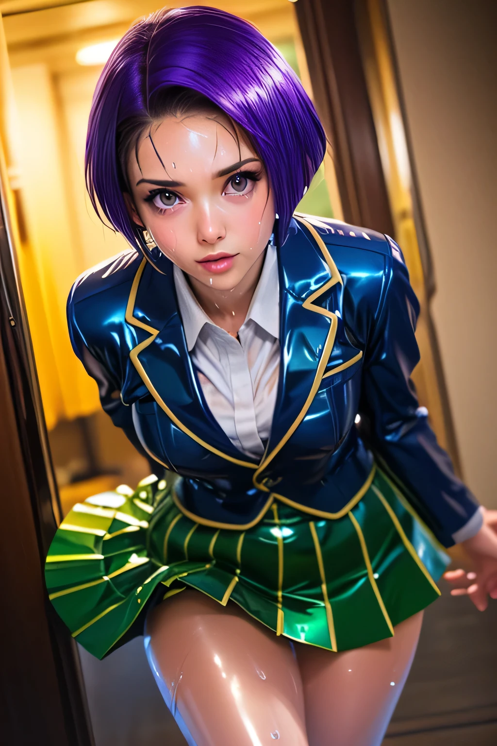 PERFECT ANATOMY　Highest Quality,highest resolution,(((shiny latex yellow uniform　blazer after face　shiny checked green skirt　Shiny Purple Hair　short hair　sweat　shiny skin)))　Tolove　Haruna Sairenji