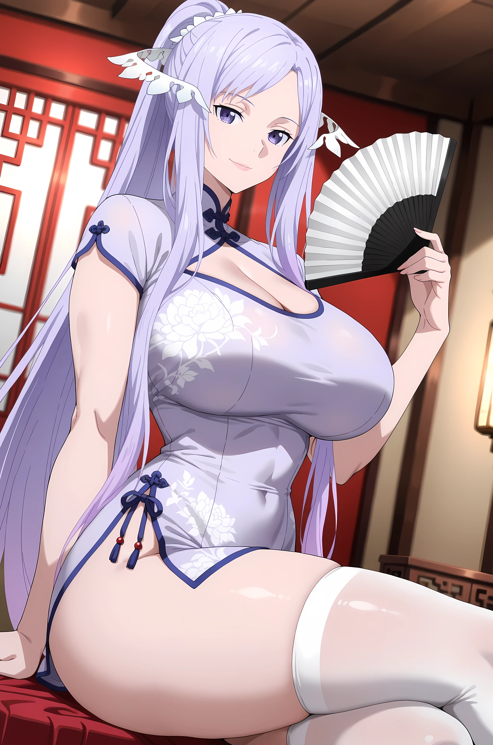 newest , masterpiece , anime screencap , anime coloring , masterpiece, best quality, quinella, 1girl,adult female, milf, motherly, long hair, light purple hair, ponytail, sidelocks, purple eyes, attractive face, detailed face, ractical body shape, glamorous bodies, attractive bodies, motherly, big Curvy, Slutty, Neat, big breasts, big buttocks, wide Butt, thick thighs, Toned thighs, ((short dress , china dress , turtleneck , curvy, holding folding fan1, thighhighs,)), smile, Lips, view detailed body, (((Sexy,))), east asian architecture, sitting , crossed legs , from front , dutch angle , (looking at viewer) , (cowboy shot) , living room , blurred background, (((Sexy,)))
