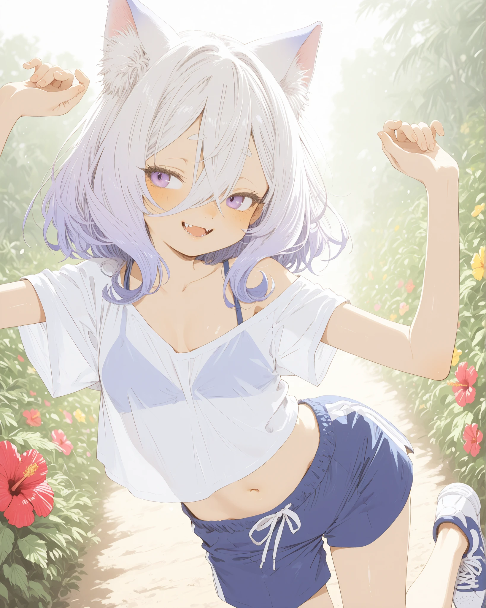 ((Abara Heiki style)), ((Masterpiece)), ((best quality, amazing quality)), ((very aesthetic, absurdres, newest)), ((detailed background, negative space, blurry background, depth of field, Asymmetrical background)), (dynamic angle, wide shot, from above), (backlighting), ((1girl, solo)), Cute young Girl, (Healthy Gaunt body, Textured skin, small , cleavage, tilt head), ((brown-skin)), Glossy hair, (hair between eyes, long bangs, long side bangs), (medium hair, platinum-gold hair, unruly hair, gradient hair), (( smile, open mouth wide)), sharp fangs, (pale purple eyes, gradient eyes, averting eyes, looking at side), big eyes, (short eyebrows), glossy lips, pouty lips, (lower eyelashes), fuzzy cat ears, BREAK, (loose cropped shirt, shirt overhang, pure white shirt), (see-through silhouette:0.5),  left shoulder, (gym shorts, Navy blue shorts), Thick-soled Sneakers, Beautiful neckline, (stretch out both arms and hands, stretch arms up, slightly exposed cute navel), outdoor, contrapposto on the Gentle hill, Blooming Hibiscus, blossaming Hibiscus, intense sunlight, Tropical way, way overgrown with wild grasses, ((Idyllic atmosphere)),
