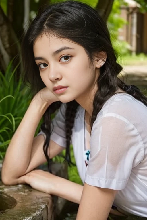 (Please generate an image of a young Filipina woman wearing a plain white t shirt a necklace and a white trucker cap. She has black hair, big black eyes, and a subtle, natural makeup look. The selfie should show her without visible makeup, and she should be looking directly into the camera. The face should appear realistically natural. The full-body shot of this attractive woman should feature a striking pose, and she has piercing black eyes. The girl has a sweet demeanor, and the pose should also be sweet. Please ensure that the entire body of the woman is visible in the image. The background should be black. The details of the image should be of high quality(best quality)), ((masterpiece)), (detailed), perfect face, Filipina, pinay