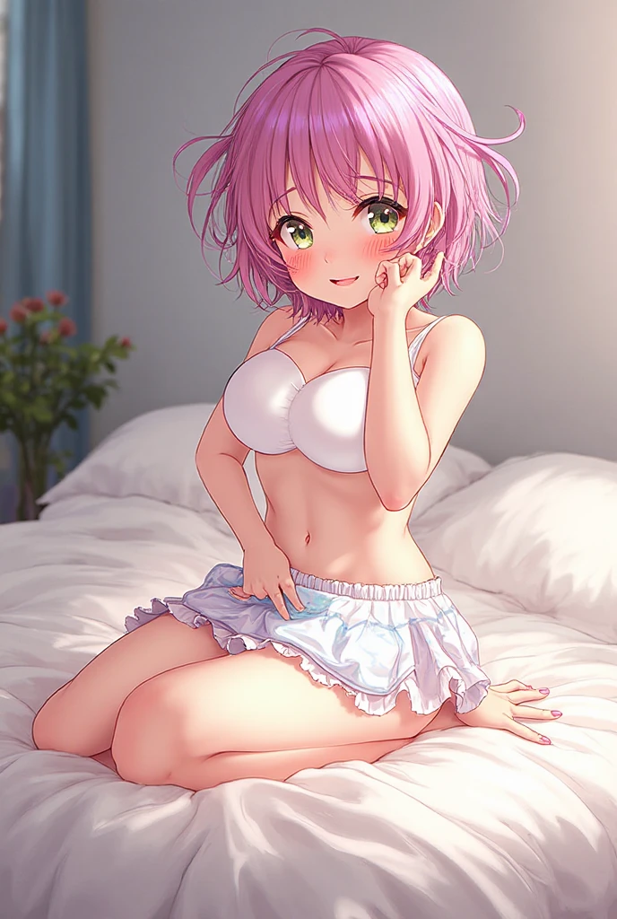 ((tanned adult woman), (( short purple hair, blue colored eyes)), (( perfectbody, perfect shaped breasts, hardnipples )),slender, smile cute, (( biting your lips sensually ))((sitting on the bed, white t-shirt showing one shoulder )) , red lipgloss stick, (( sitting on the bed, sexy position,  , highlighting her wet ))  Masterpiece artwork, high qualiy, rear lighting ))