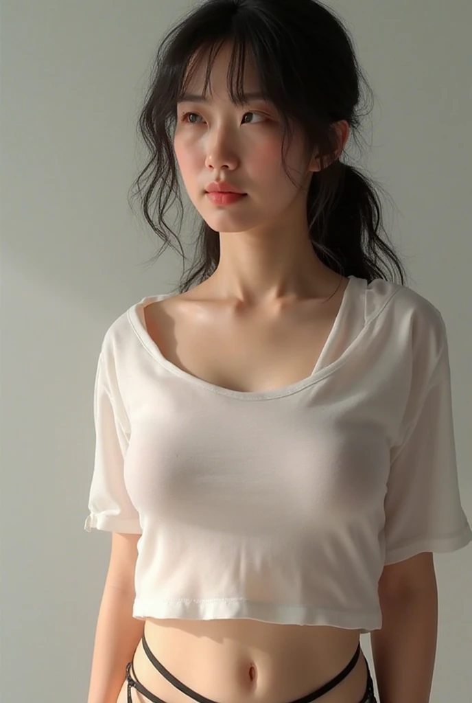 1girl, 25 years old, very huge breast, big thigh, slim body. Wearing short sleeve t-shirt, white t-shirt, very transparent t-shirt, very thin t-shirt. (Cleavage), off shoulders, (exposed nipples from outside of her t-shirt). Lying on rhe bed. (Her face is very wet), (her body is very wet). Show shoulders, show thigh, show legs.