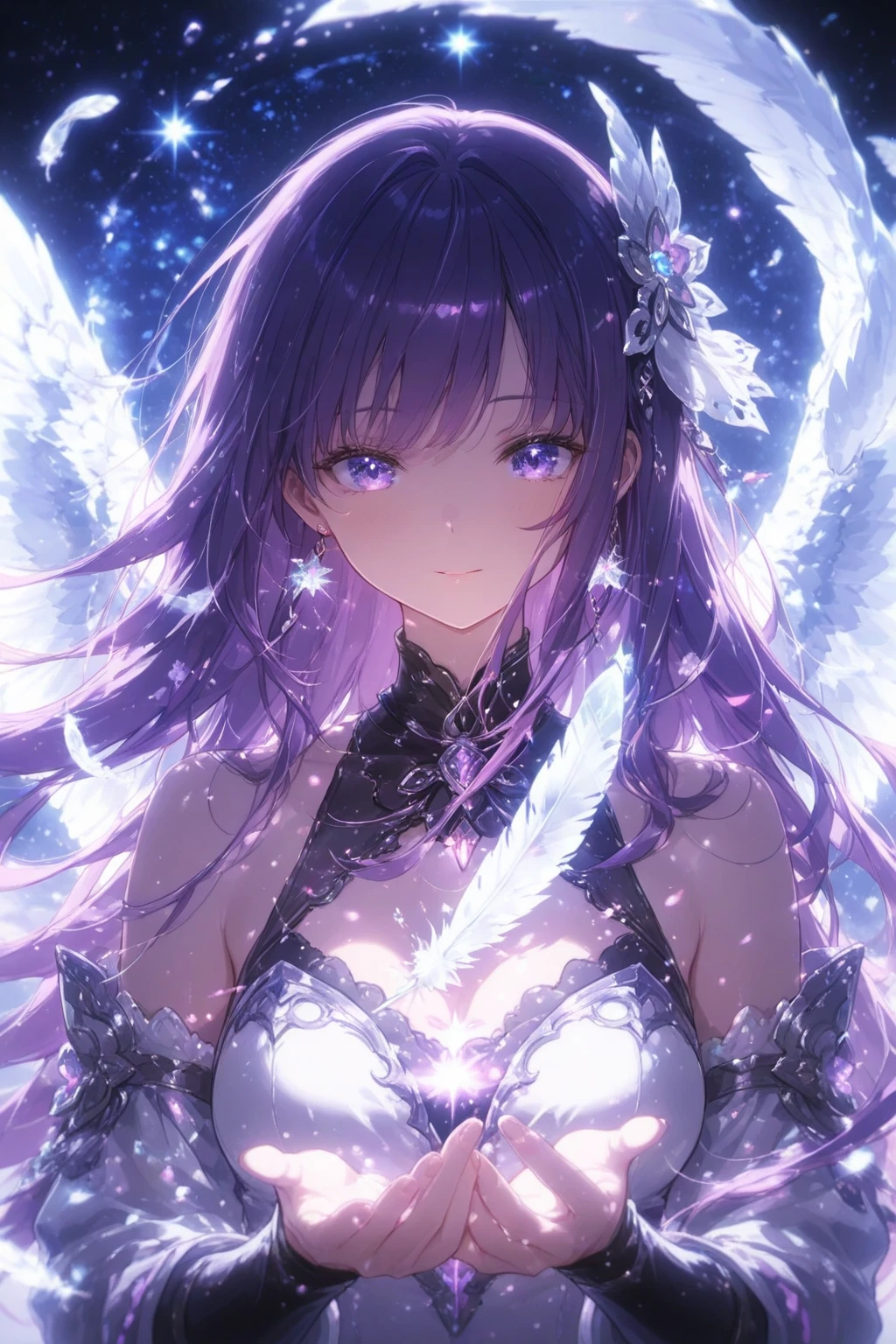 ((Highest quality)), ((masterpiece)), (be familiar with), Perfect Face, sehr be familiar withes Gesicht, Beautiful purple eyes, Cute anime girl long hair, Another dimension of fantasy, outside, be familiar withe sternennacht mit sicht auf andere galaxien, , like, Full of desire,